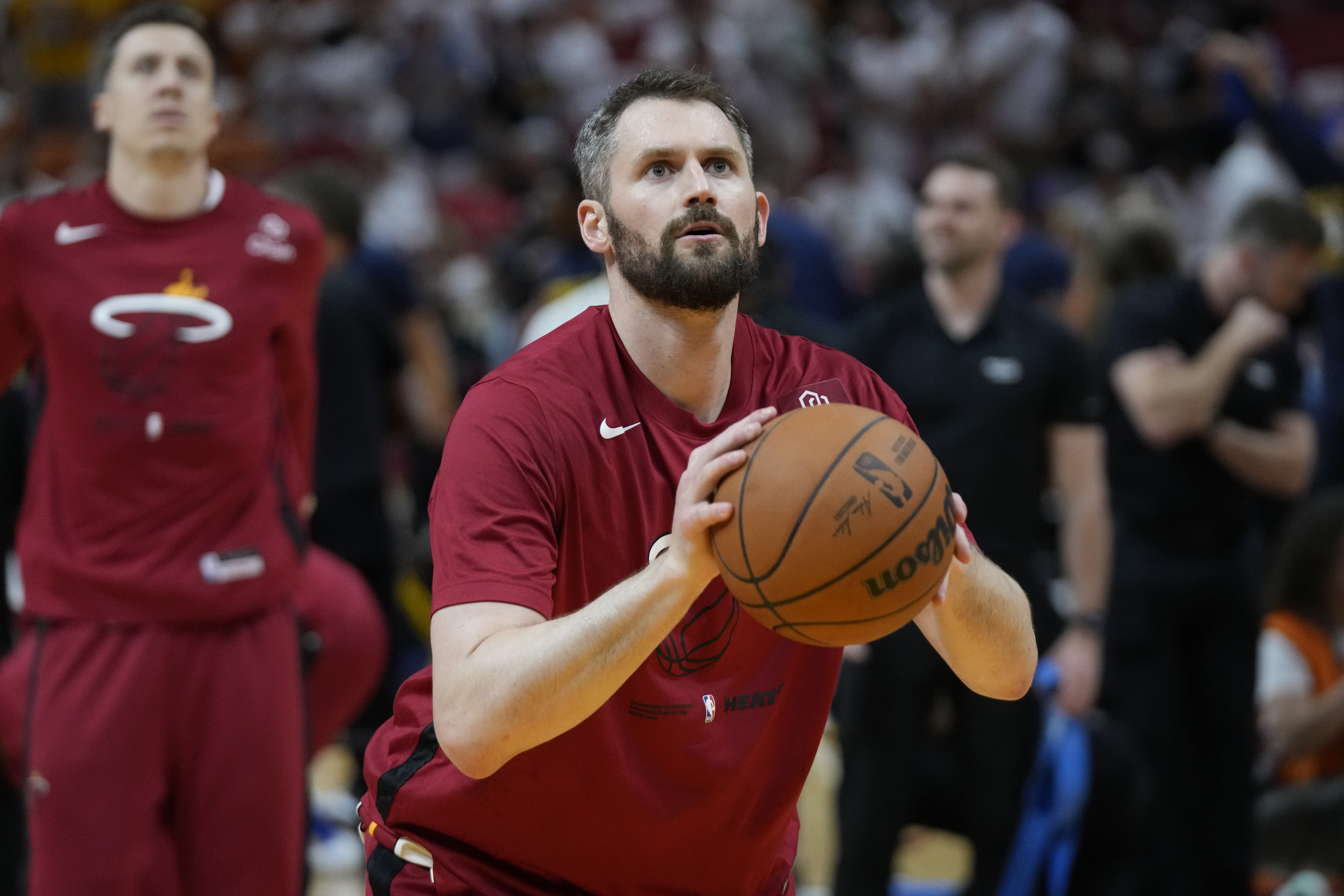 Miami Heat's Kevin Love during the first half of an NBA basketball