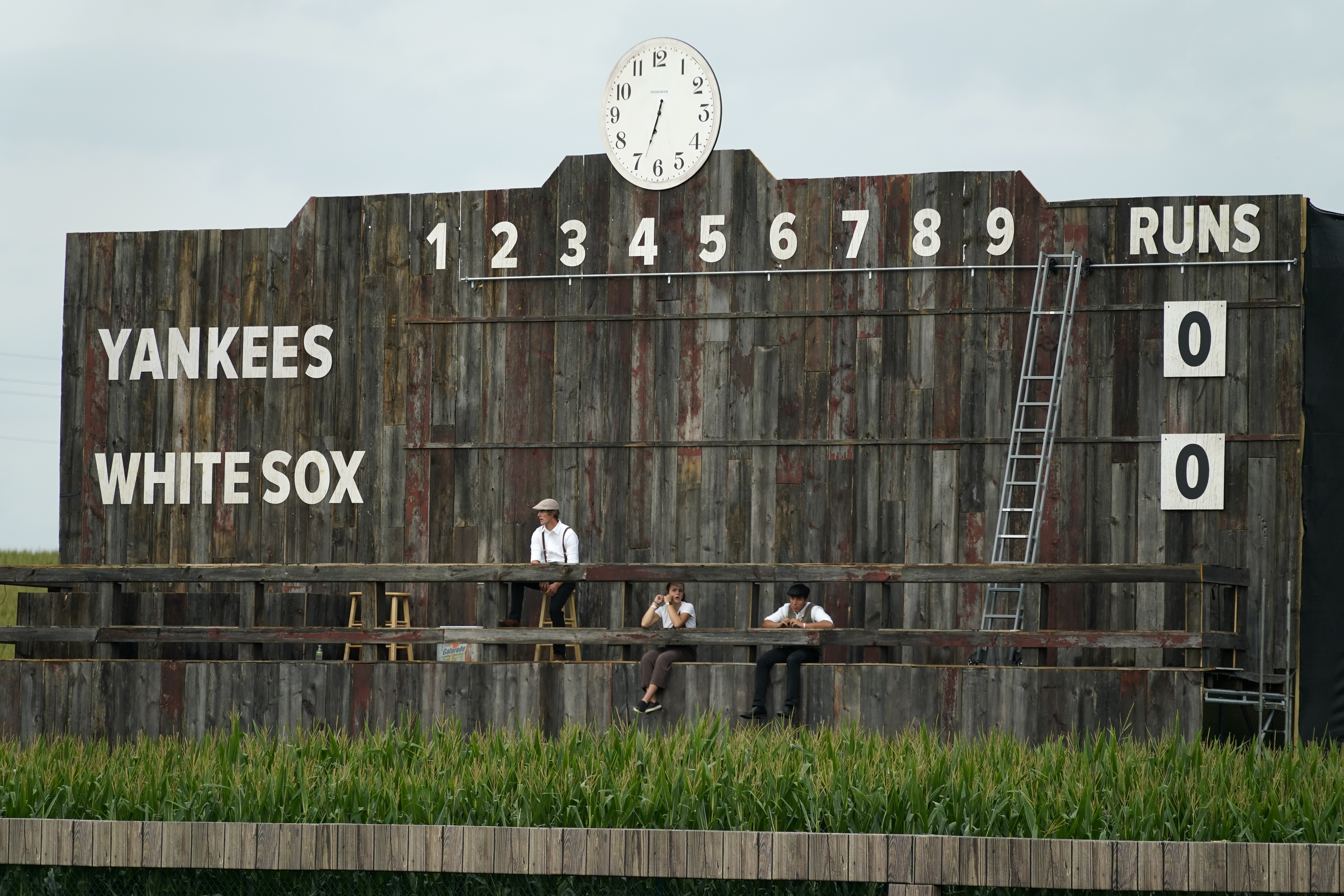 White Sox starting pitcher Lance Lynn collects his thoughts after allowing  a three-run home run to Yankees right fielder Aaron Judge (99) in the third  inning in the Field of Dreams game