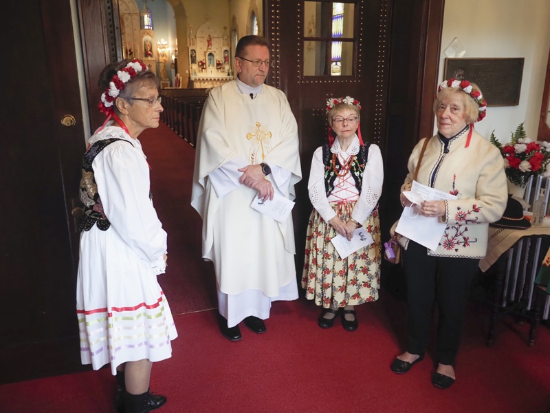 General Casimir Pulaski was honored during the Polish-American Heritage Holy Mass celebrated on October 10, 2022,  at St. Valentine Polish National Catholic Church in Northampton. getting ready to enter the church are from left, Christine Newman of Hadley, The Rev, Adam Czarnecki, nancy Slusarski of Hadley, and Charlene Zagrodnik of Florence