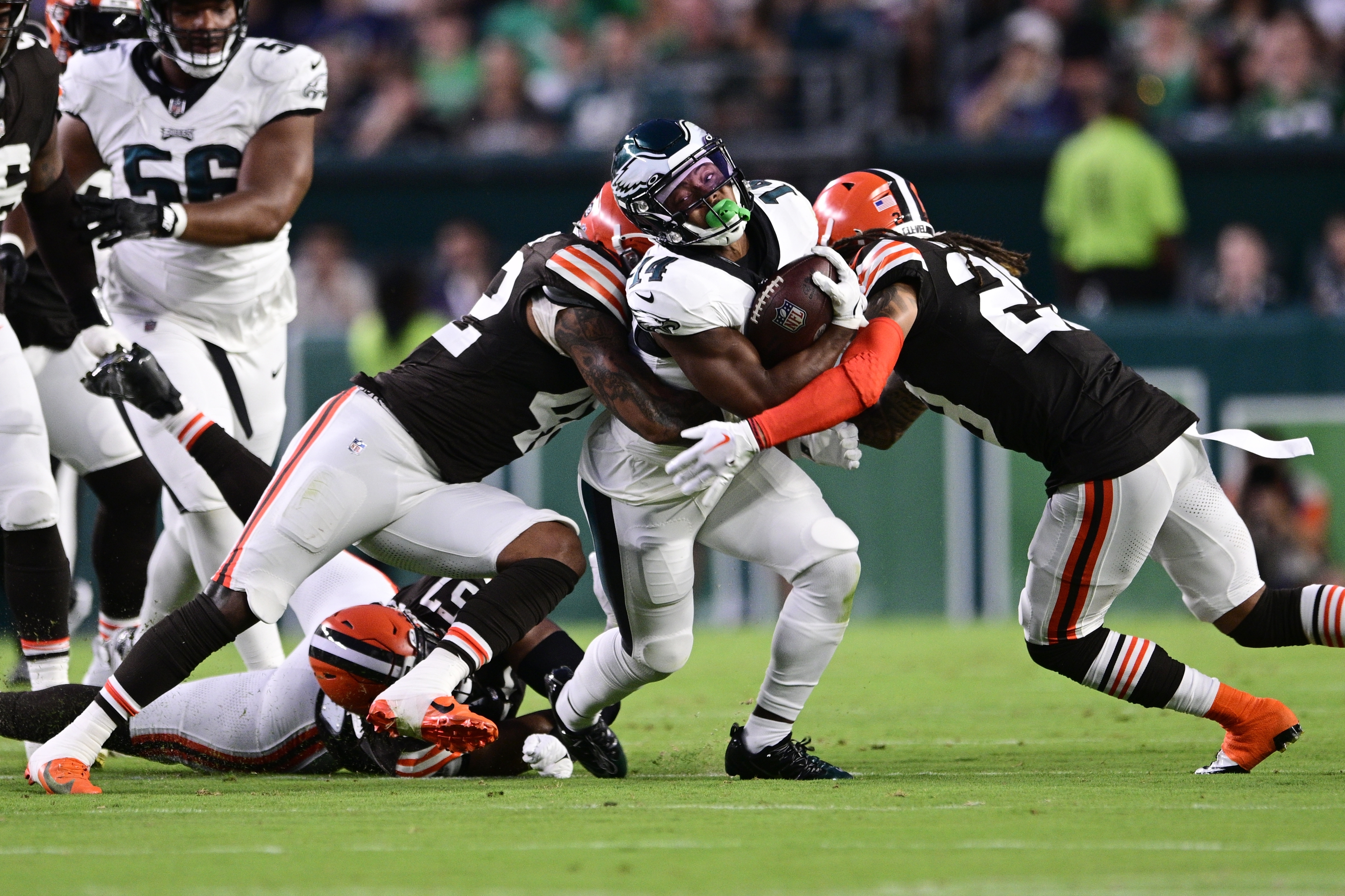 Cleveland Browns safety Ronnie Hickman Jr. (33) intercepts a pass during  the first half of an NFL preseason football game against the Philadelphia  Eagles on Thursday, Aug. 17, 2023, in Philadelphia. (AP