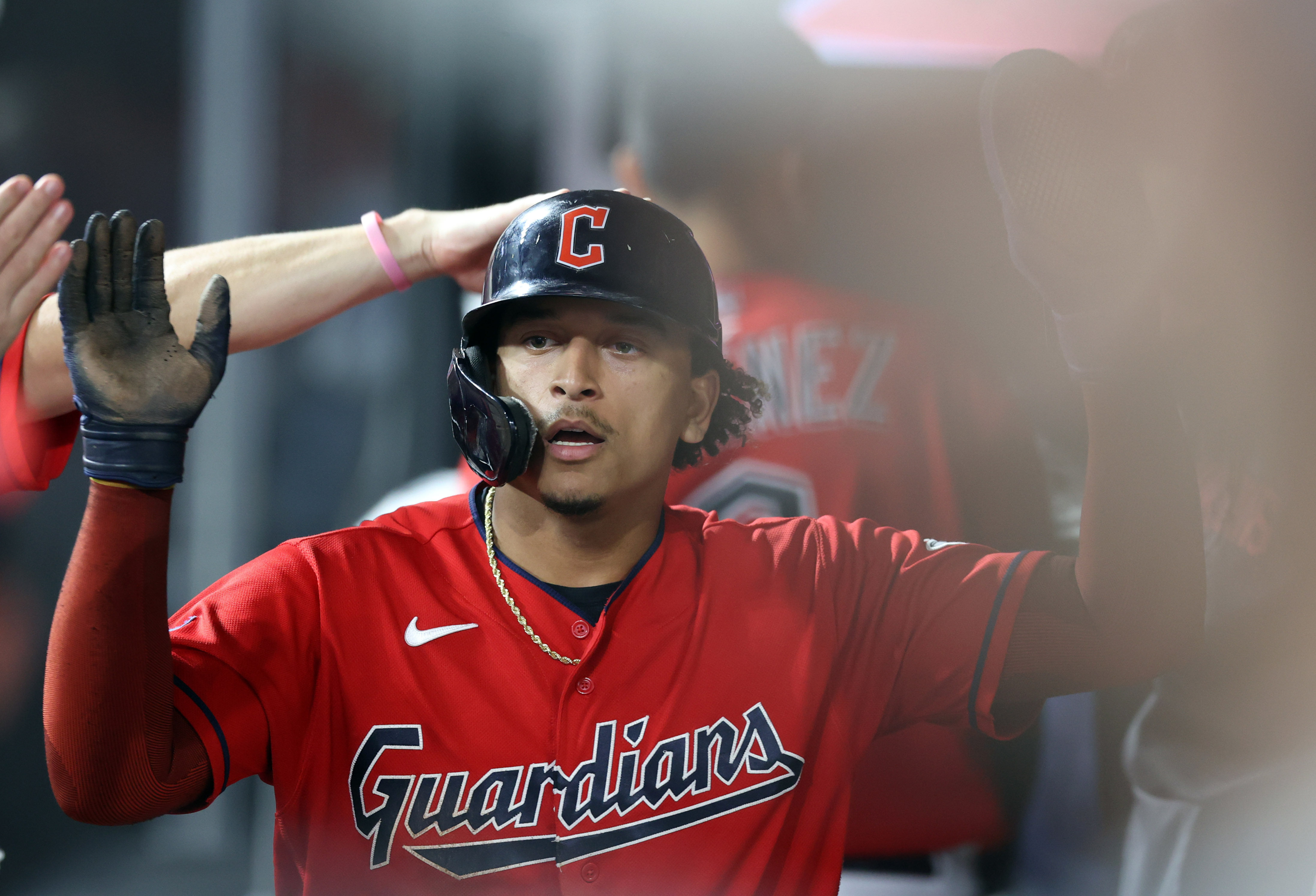 Baltimore, United States. 29th May, 2023. Cleveland Guardians first baseman Josh  Naylor (22) making contact with the pitch in the top of the third inning  against the Baltimore Orioles at Oriole Park