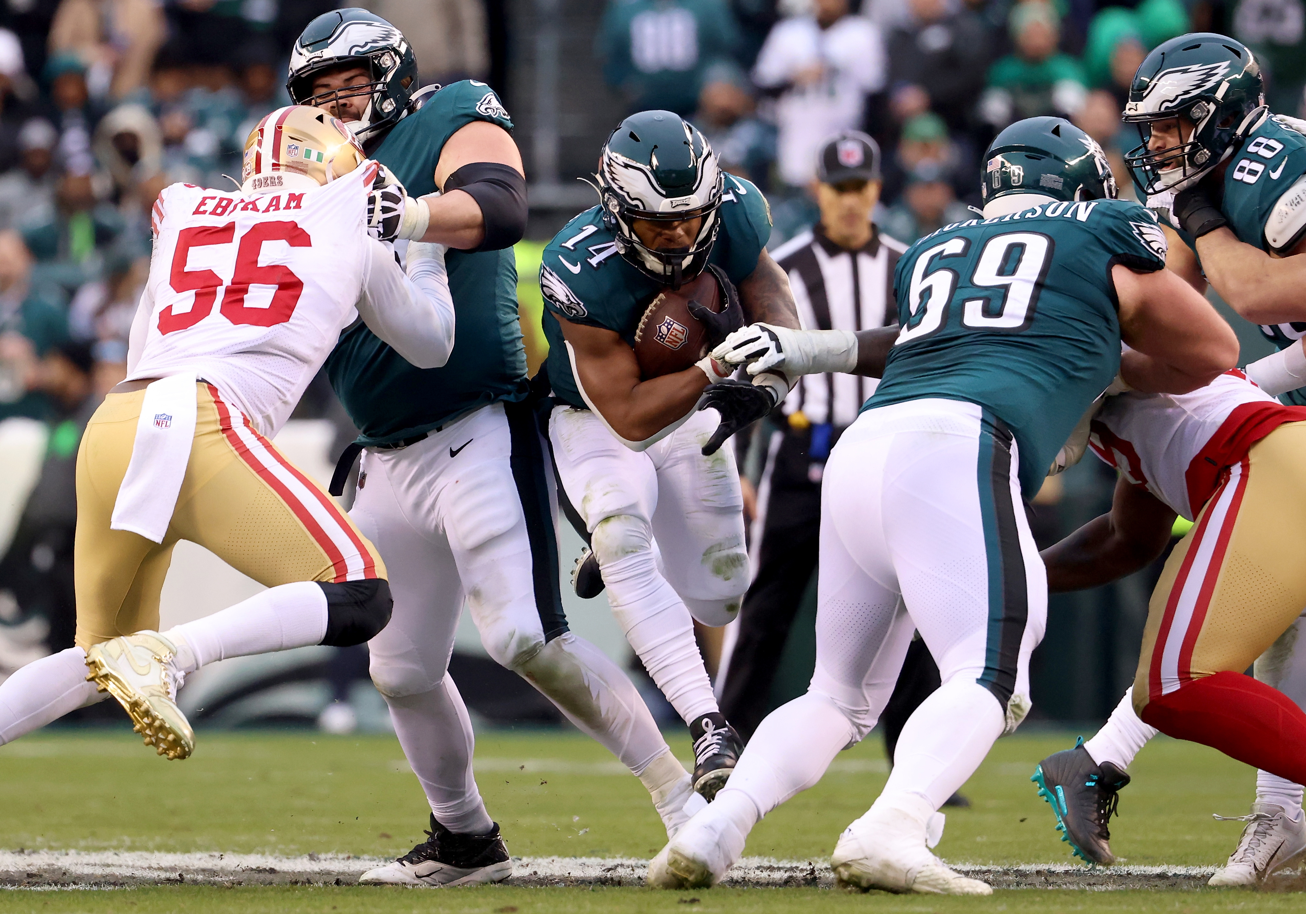 Jan 29, 2023; Philadelphia, Pennsylvania, USA; Philadelphia Eagles center  Landon Dickerson (69) at the line of scrimmage during the first half of the  NFC Championship against the San Francisco 49ers in Philadelphia