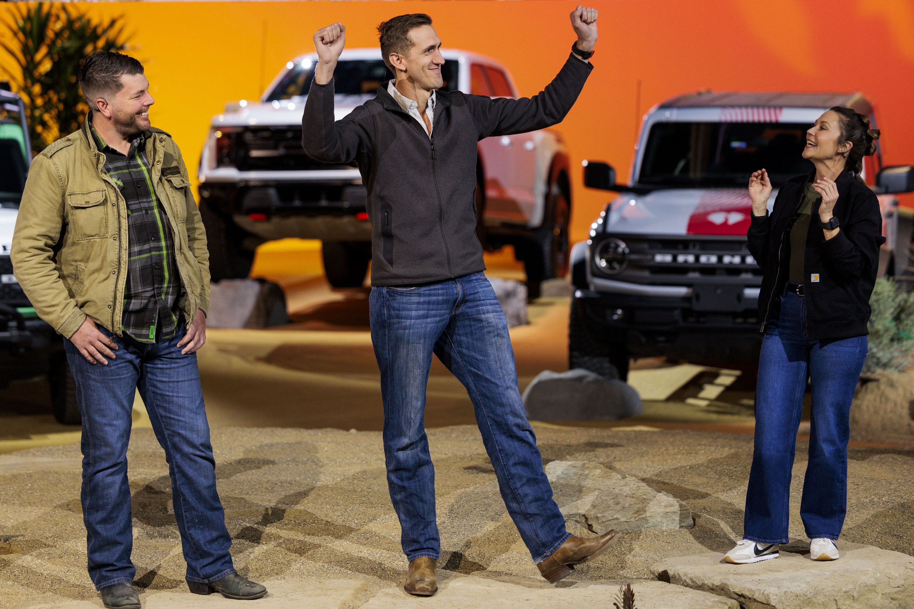 RJ Zanon and Austin Gillis are celebrated for restoring a totaled Ford Bronco and winning first in their class at the Baja 1,000 during a Ford Motor Company event ahead of the Detroit Auto Show at Huntinton Place in Detroit on Tuesday, Jan. 13 2026.