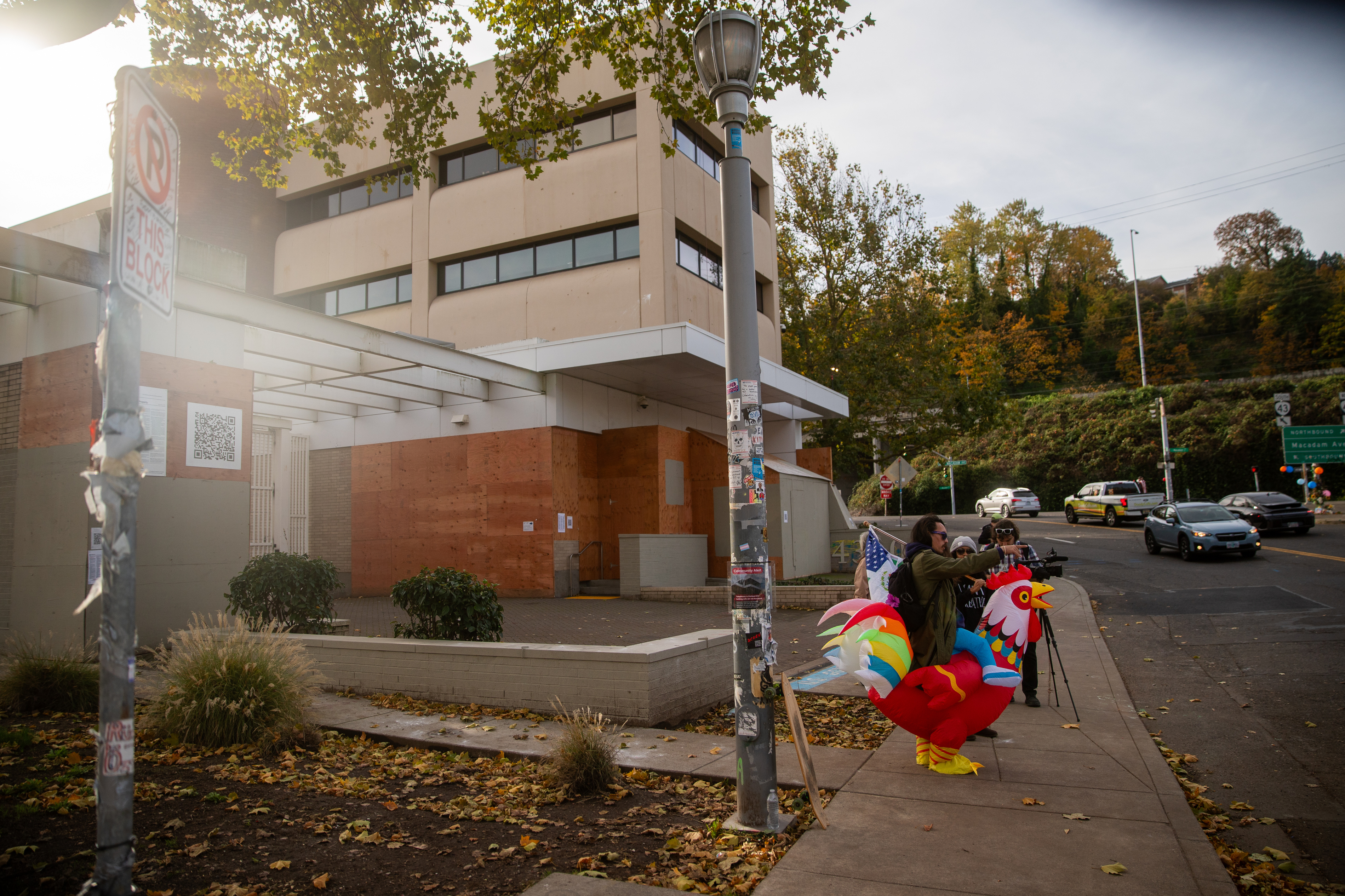 Participants in Fulcrum Fitness’s “Sweatin’ Out the Fascists” held an ’80s-aerobics peaceful protest outside the U.S. Immigration and Customs Enforcement (ICE) facility in South Portland on Sunday, Nov. 9, 2025, collecting donations for the Oregon Food Bank.