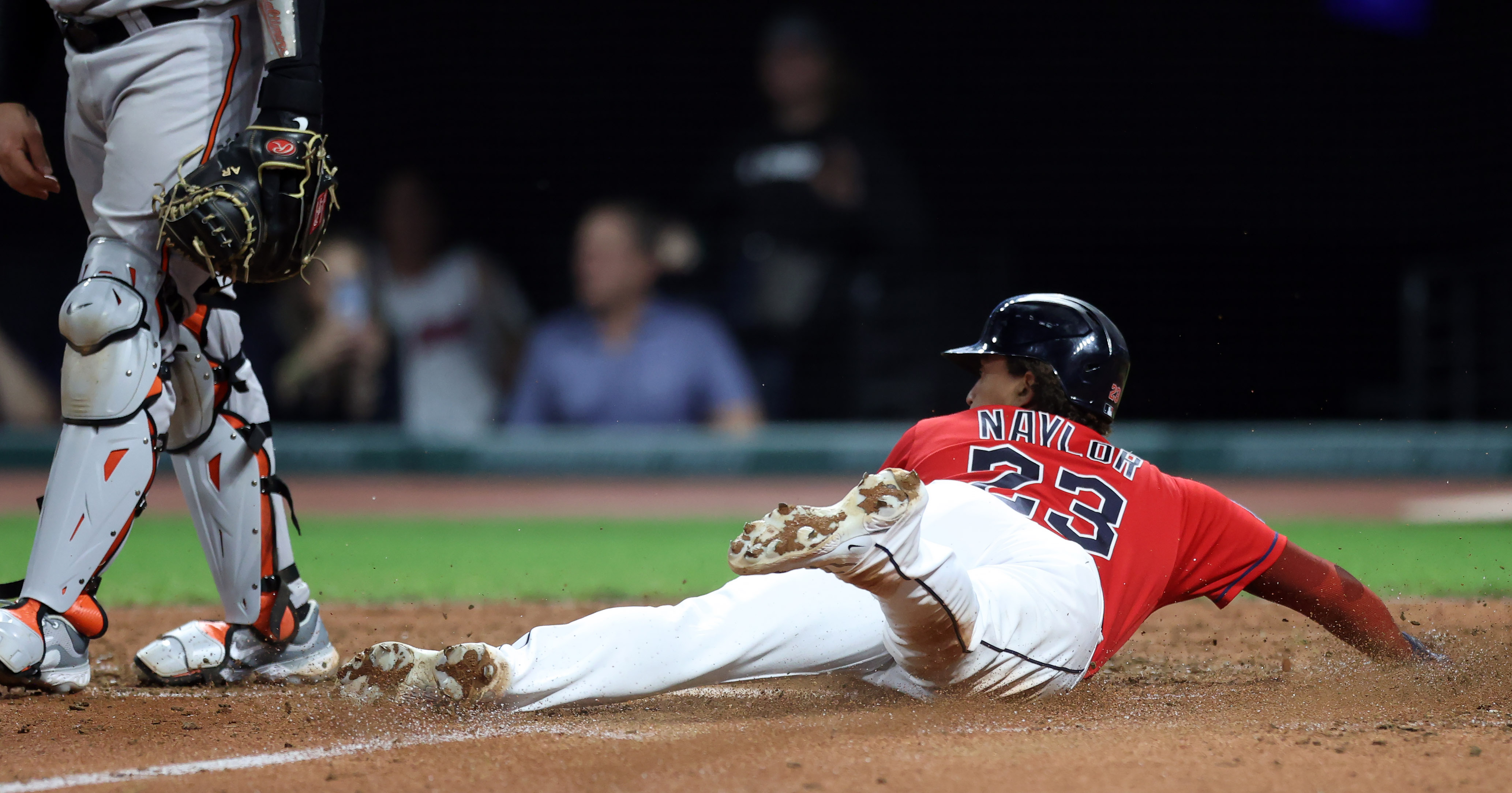 Baltimore, United States. 29th May, 2023. Cleveland Guardians first baseman Josh  Naylor (22) making contact with the pitch in the top of the third inning  against the Baltimore Orioles at Oriole Park