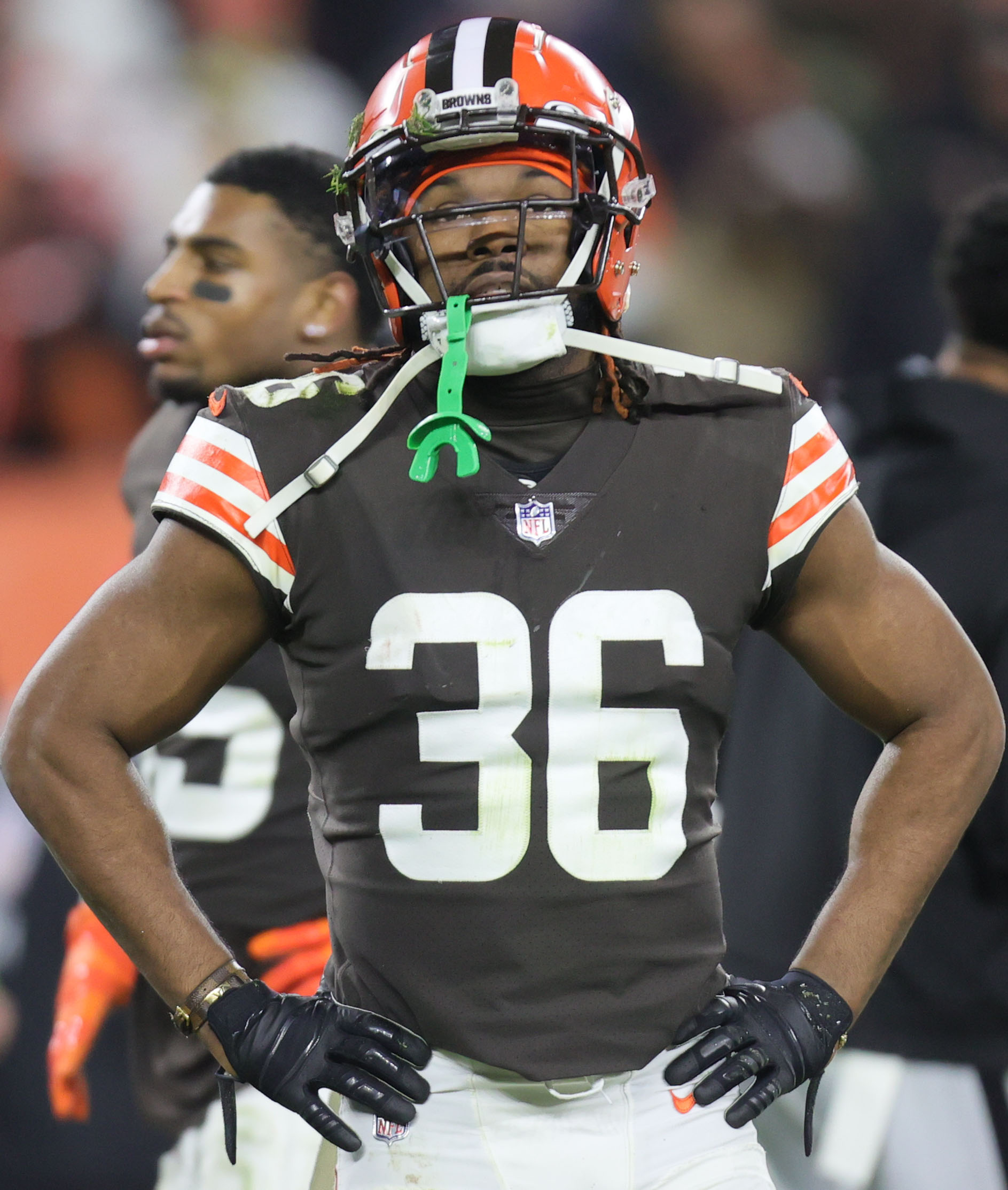 Cleveland Browns cornerback M.J. Stewart (36) warms up prior to the start  of an NFL football