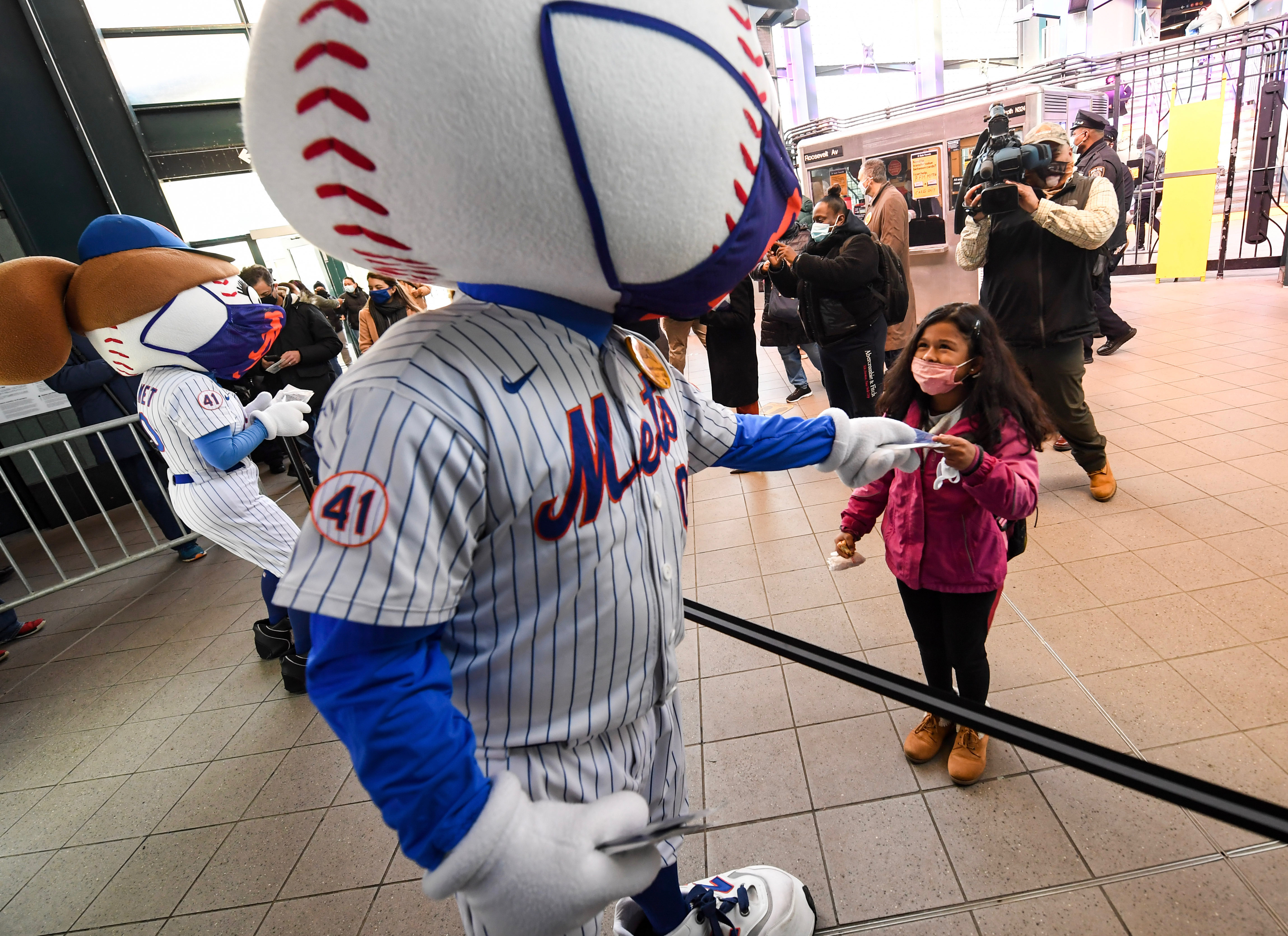 New York Mets mascot Mr. Met wears a face mask when he performs