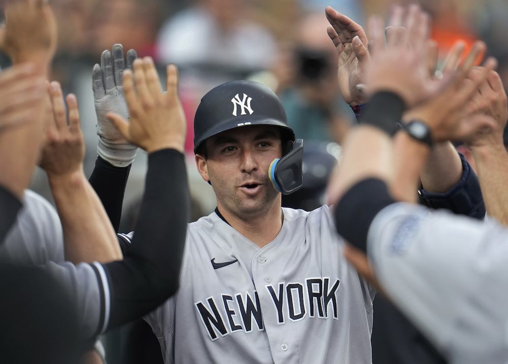 August 9 2021: New York catcher Kyle Higashioka (66) runs to first after  drawing a walk during the game with the New York Yankees and Kansas City  Royals held at Kauffman Stadium