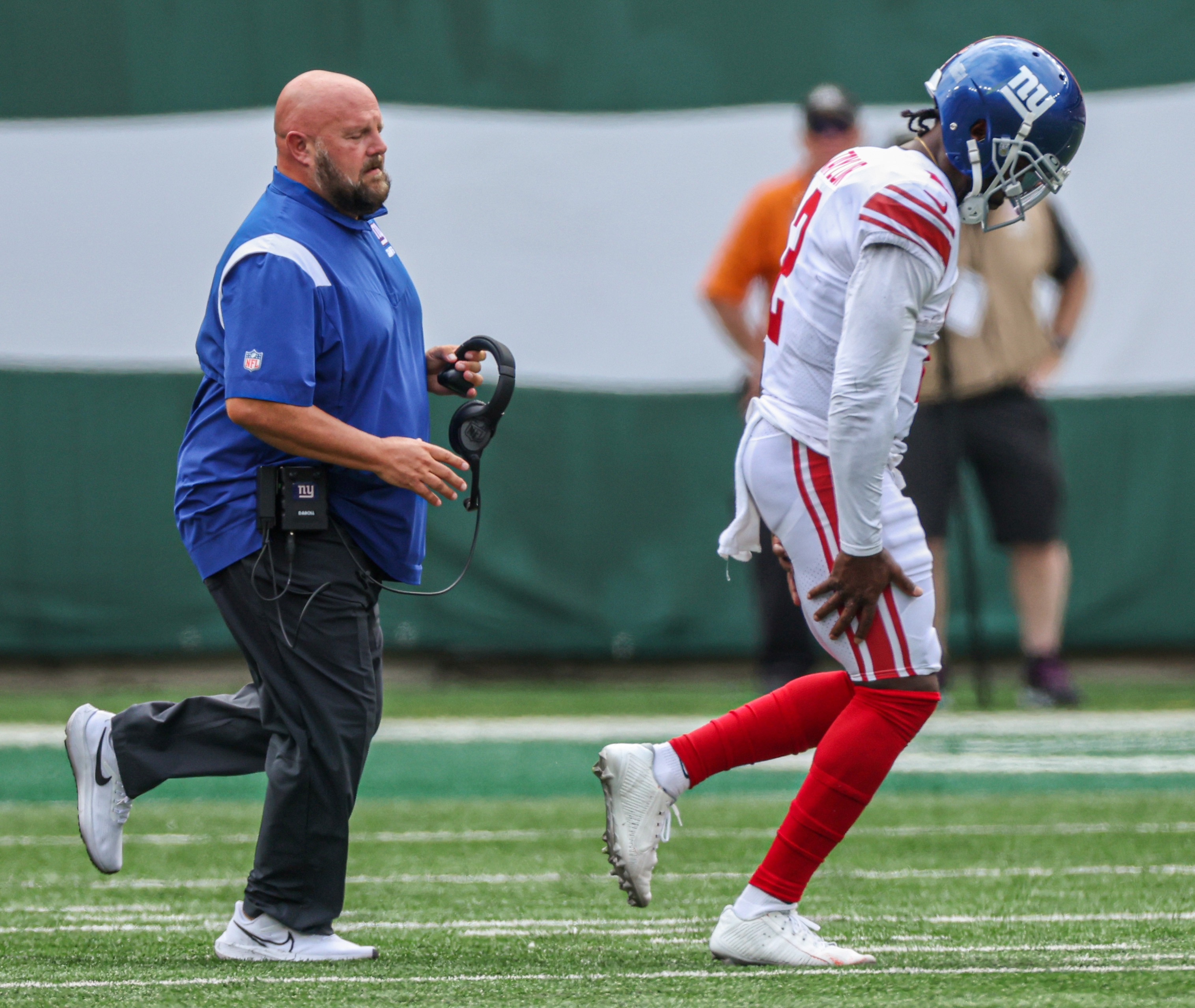 New York Giants safety Trenton Thompson (39) walks off the field after  their 31-27 loss to the New York Jets in an NFL pre-season football game,  Sunday, Aug. 27, 2022, in East