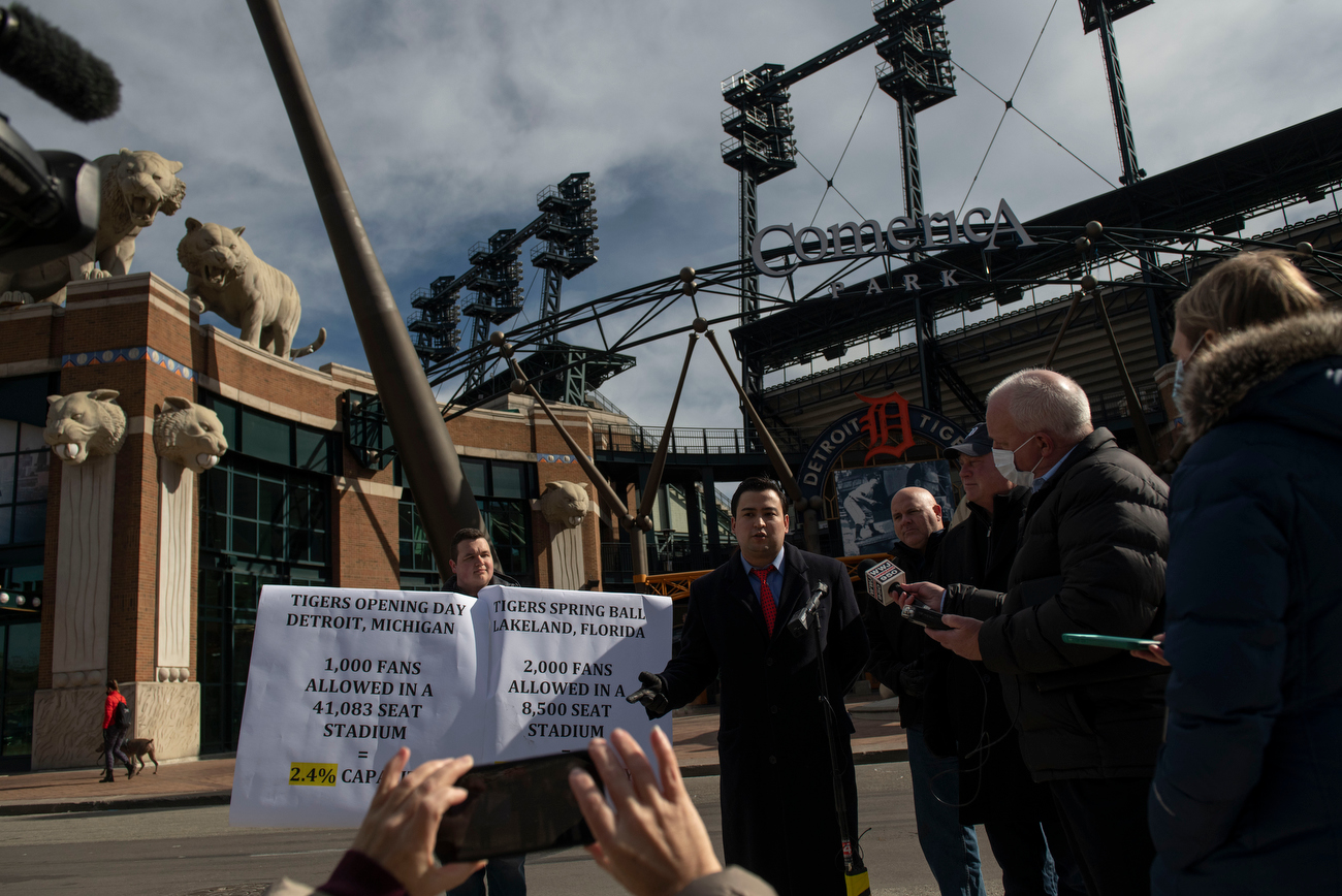 Protests outside Comerica Park, pushing to allow for more fans in the stands