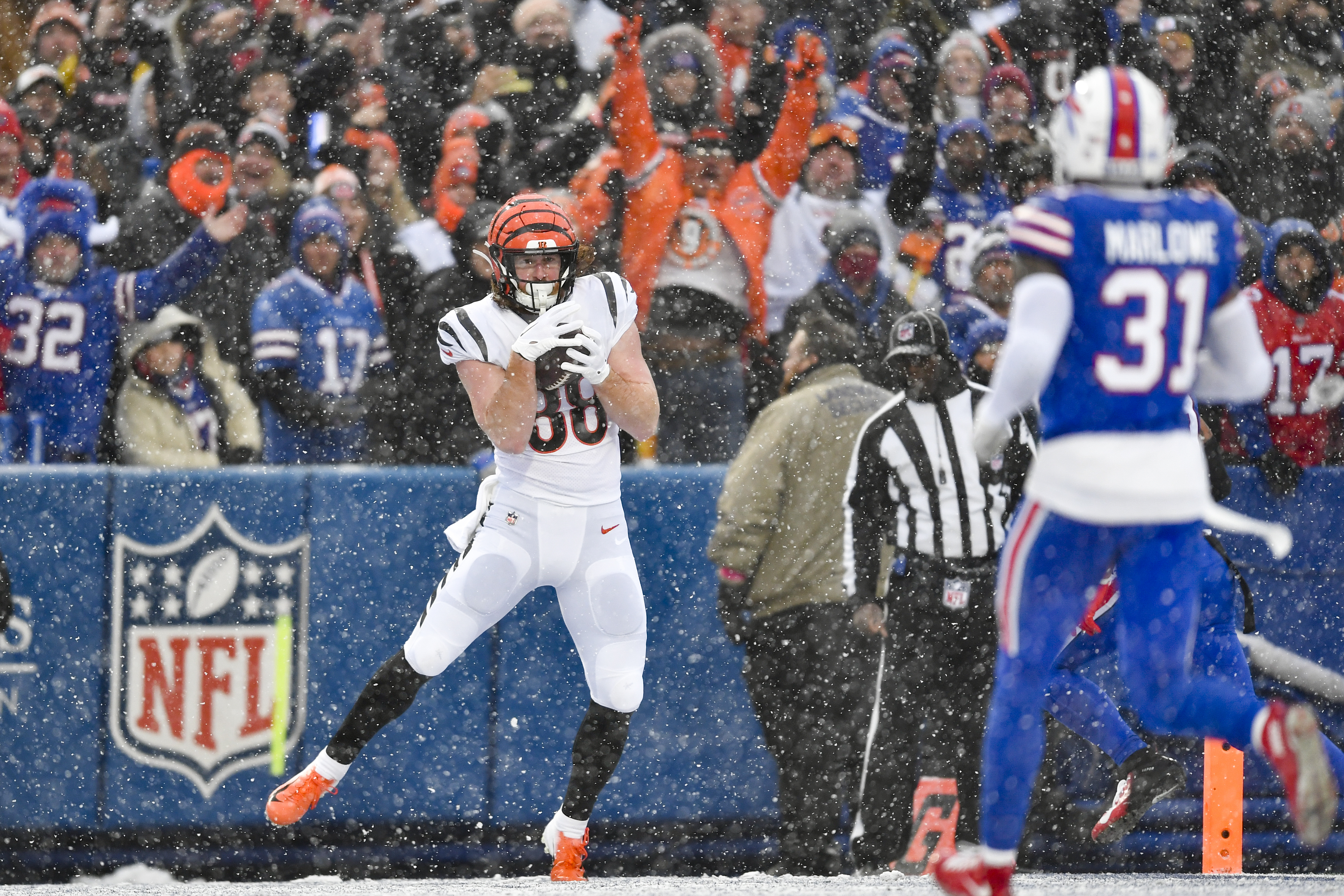 Cincinnati Bengals tight end Hayden Hurst (88) reacts after scoring a  touchdown against the Buffalo Bills during the first quarter of an NFL  division round football game, Sunday, Jan. 22, 2023, in