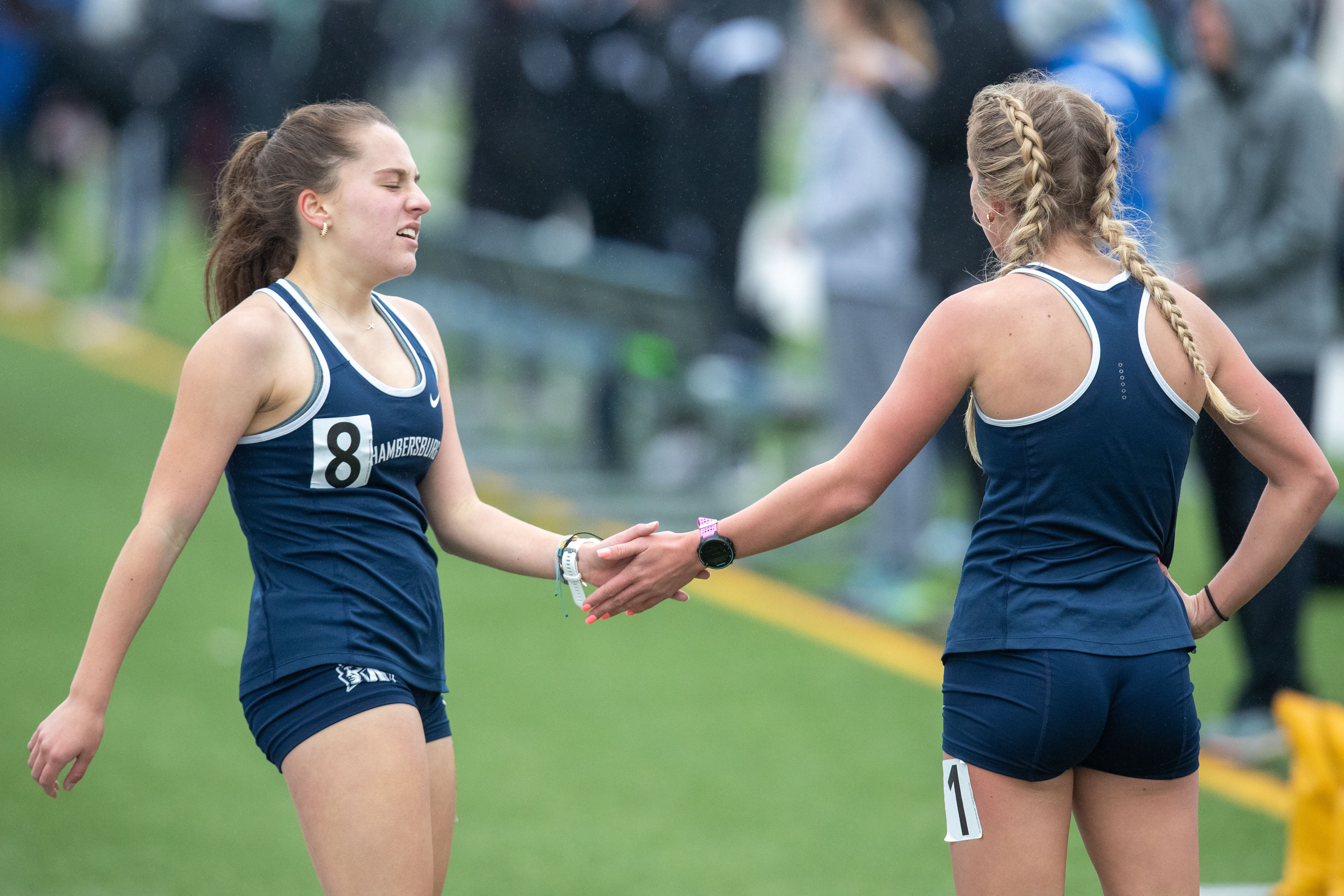 Chambersburg’s Madelyn Koons and Camryn Kiser finish 3, 1, in the 1600 meter race at the 2023 Tim Cook Memorial Invitational track & field meet at Chambersburg, Pa., Mar. 25, 2023.Mark Pynes | pennlive.com