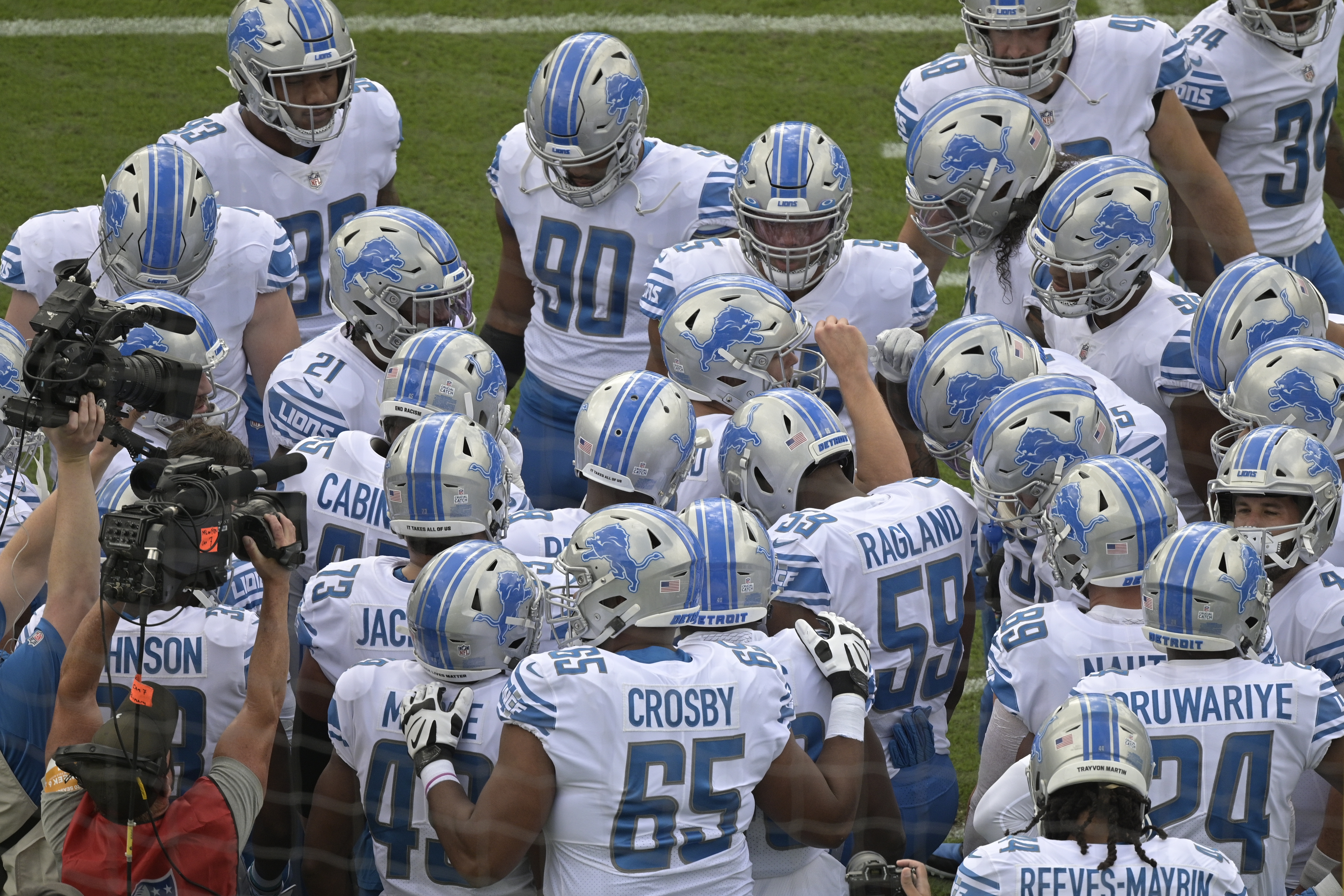 Detroit Lions wide receiver Kenny Golladay (19) and wide receiver Marvin  Jones (11) chat on the sideline during the first half of an NFL football  game against the Jacksonville Jaguars, Sunday, Oct.