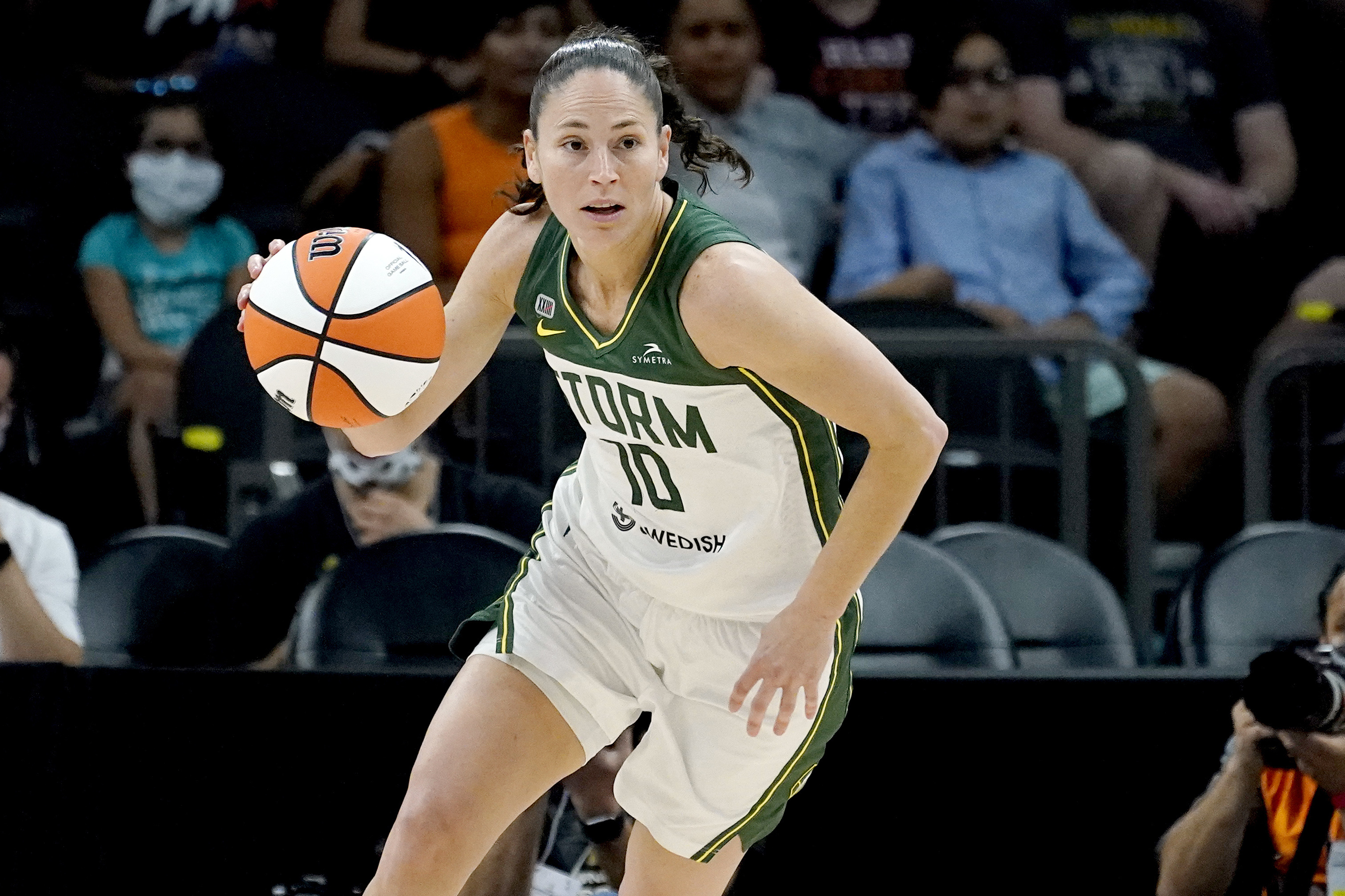 Los Angeles Sparks center Liz Cambage brings the ball up court