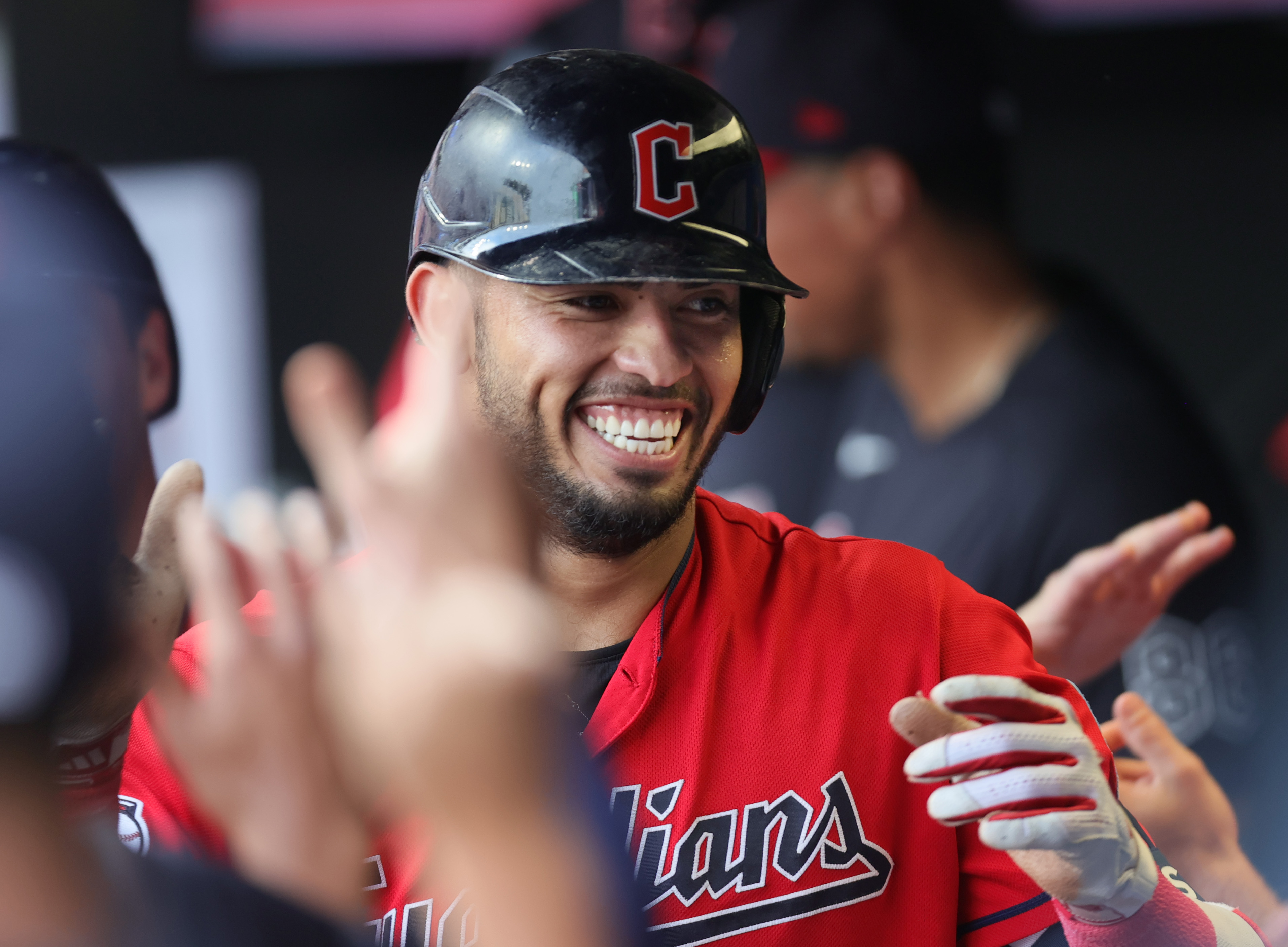 Cleveland Guardians Gabriel Arias is congratulated in the dugout after his two-run homer off Tampa Bay Rays stating pitcher Zack Littell in the fourth inning, September 2, 2023, at Progressive Field.