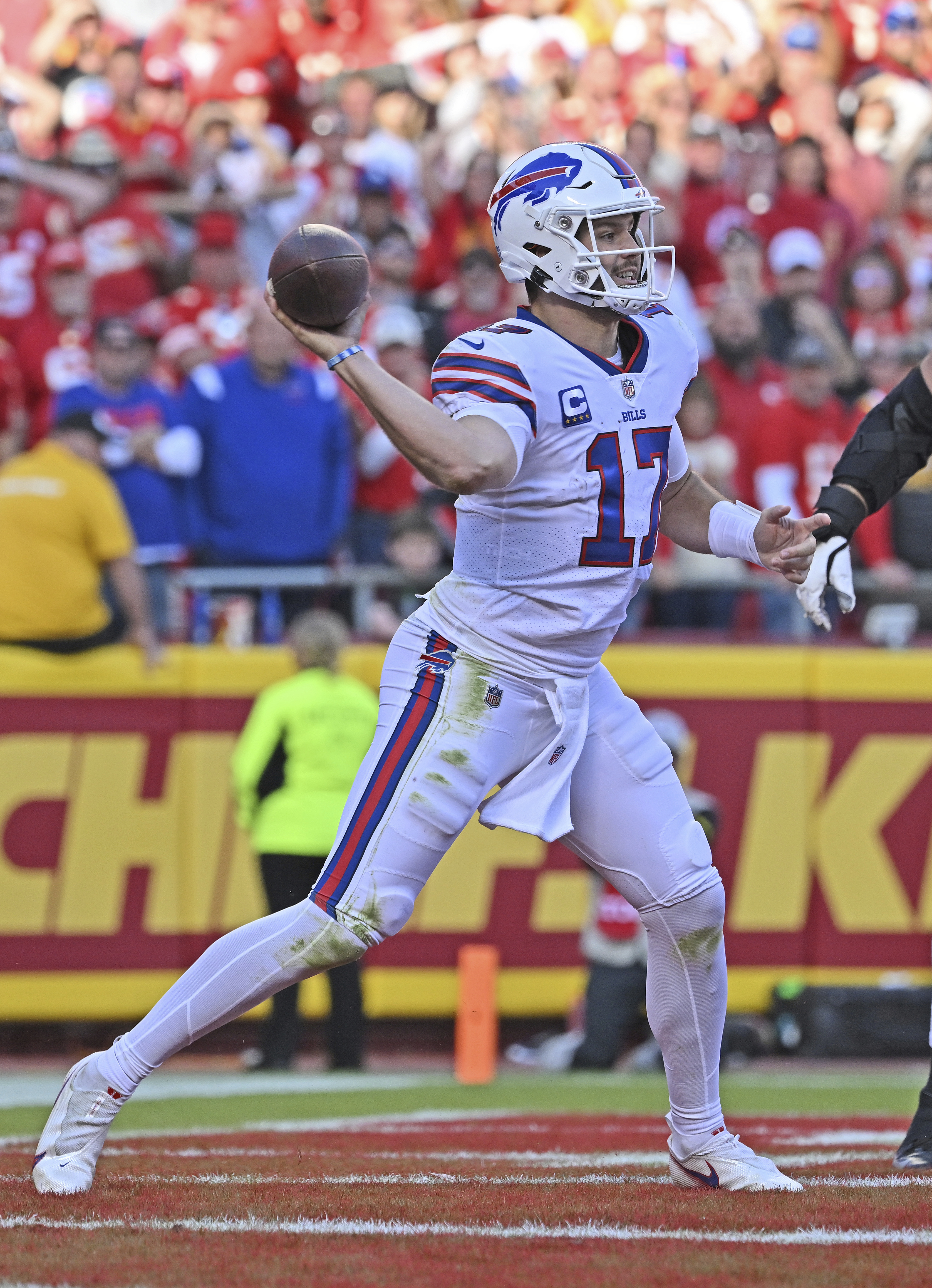 Buffalo Bills defensive tackle DaQuan Jones (92) walks off the field after  an NFL football game against the Kansas City Chiefs Sunday, Oct. 16, 2022,  in Kansas City, Mo. (AP Photo/Peter Aiken