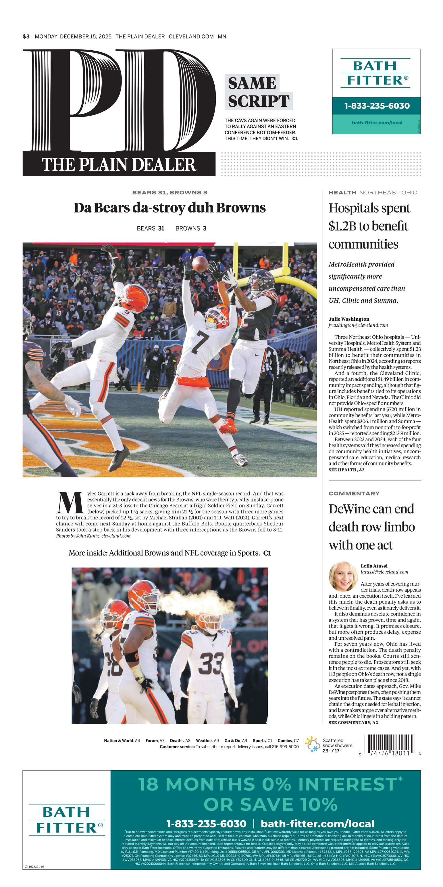 The Plain Dealer's front page for December 15, 2025 - cleveland.com