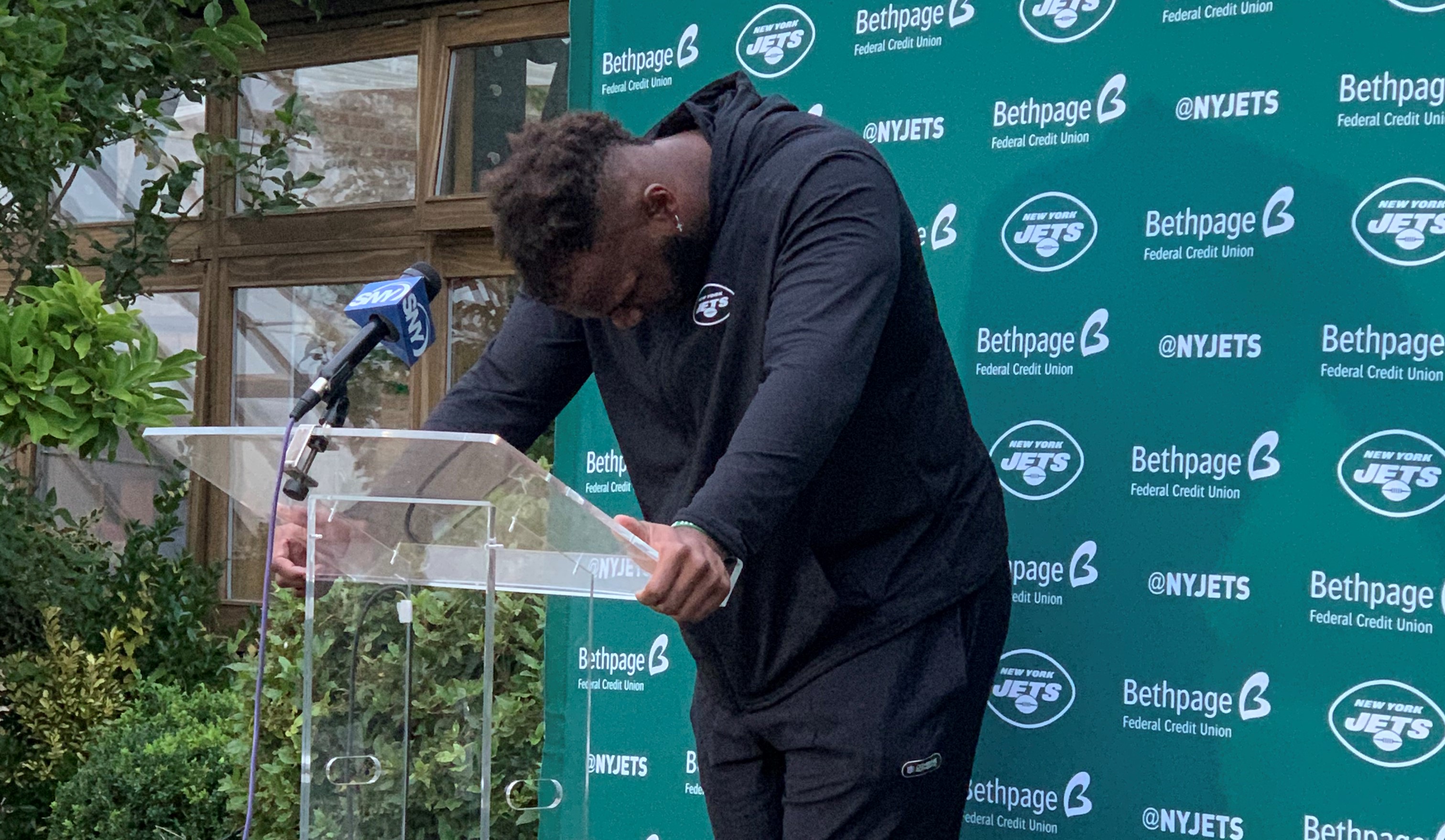 New York Jets' head coach Robert Saleh gives a press conference before an  NFL practice session at Hanbury Manor Marriott Hotel and Country Club near  the town of Ware, in south east