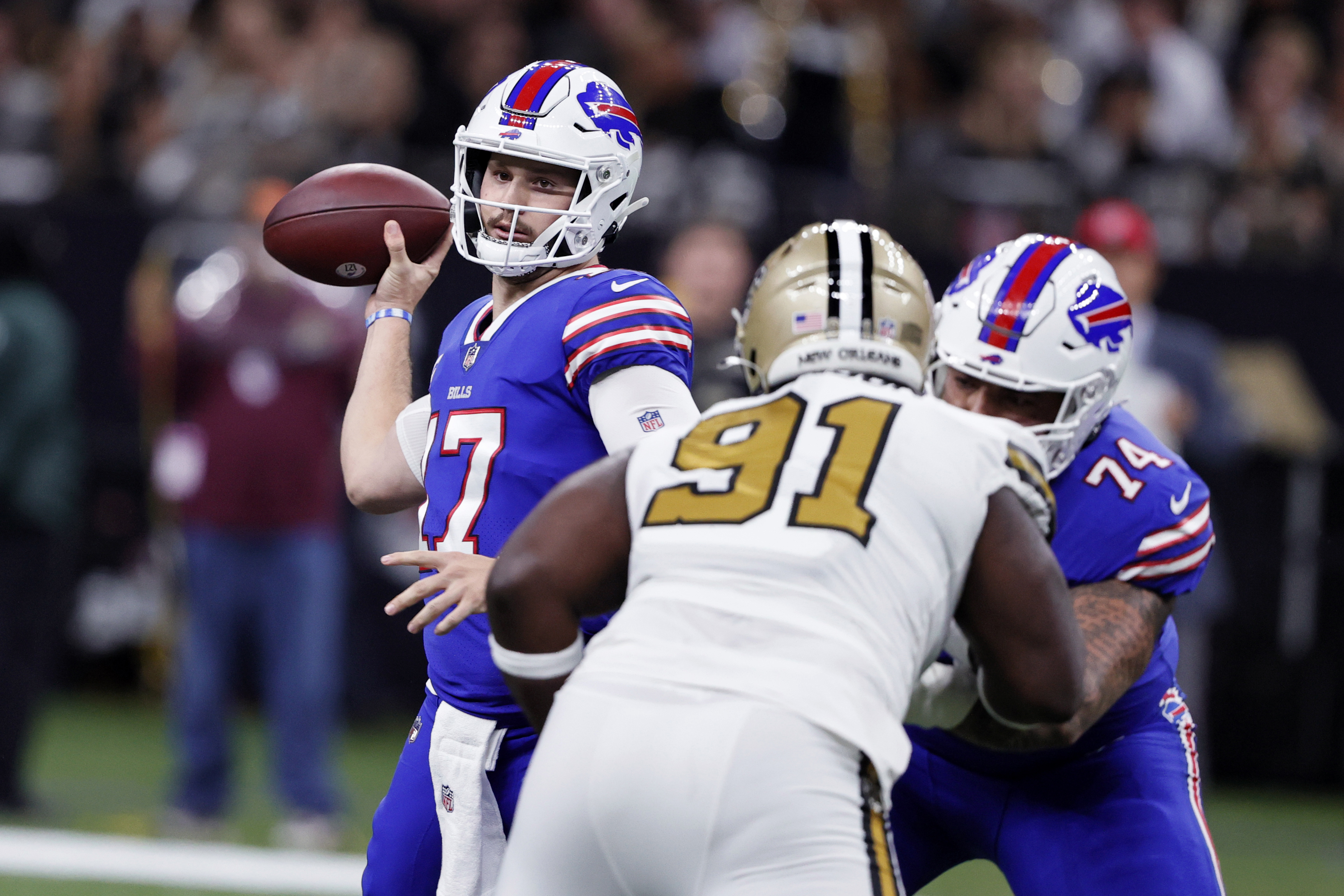 NBC Sports commentators Mike Tirico and former New Orleans Saints  quarterback Drew Brees broadcast from the field before an NFL football game  between the New Orleans Saints and the Buffalo Bills, Thursday