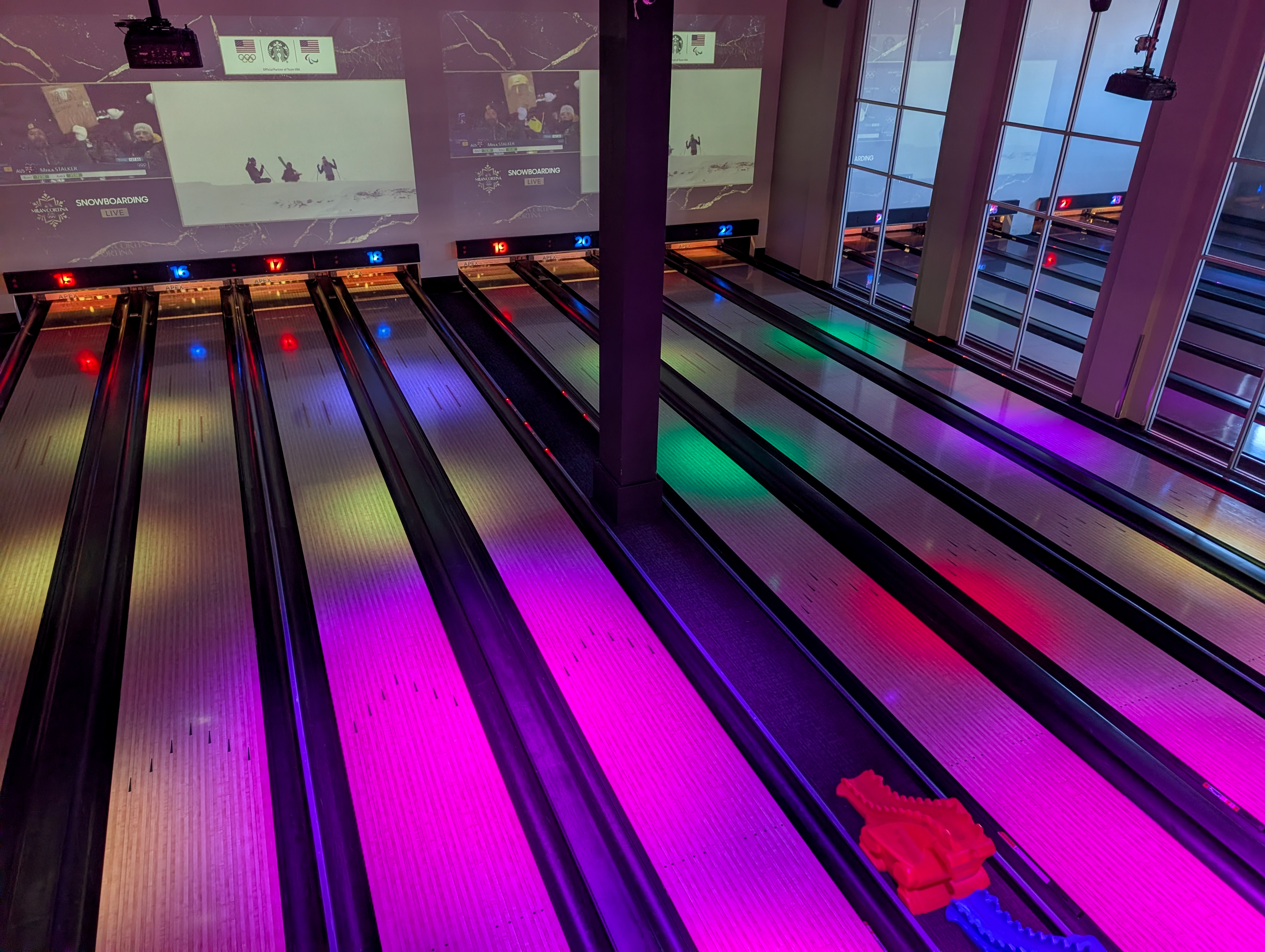 An overhead view of the bowling alley at Apex Entertainment Marlborough.