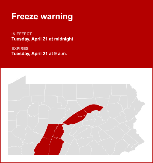 Central Pa. placed under a freeze warning Tuesday - pennlive.com