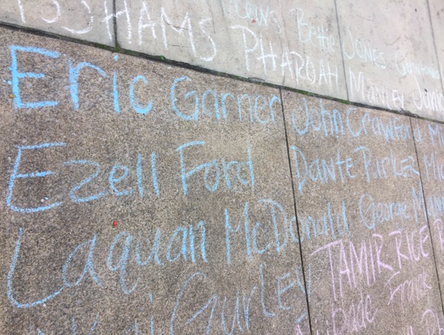 Organizers put down a chalked roll of sorrow in front of the Old Courthouse bearing names of people of color who have died at the hands of rogue police, self-appointed vigilantes, or in hate crimes. (PennLive)