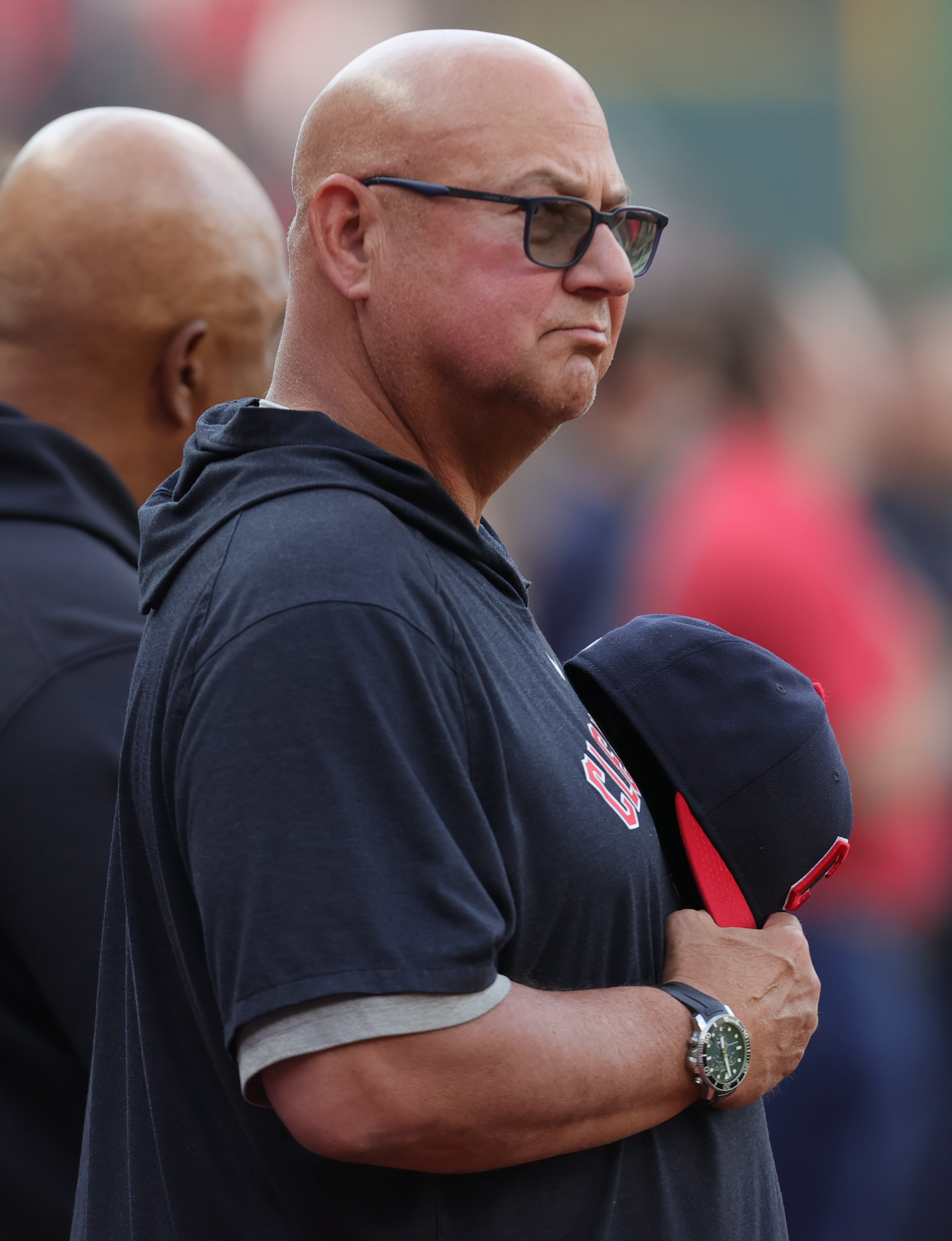 Cleveland Guardians manager Terry Francona during the national anthem