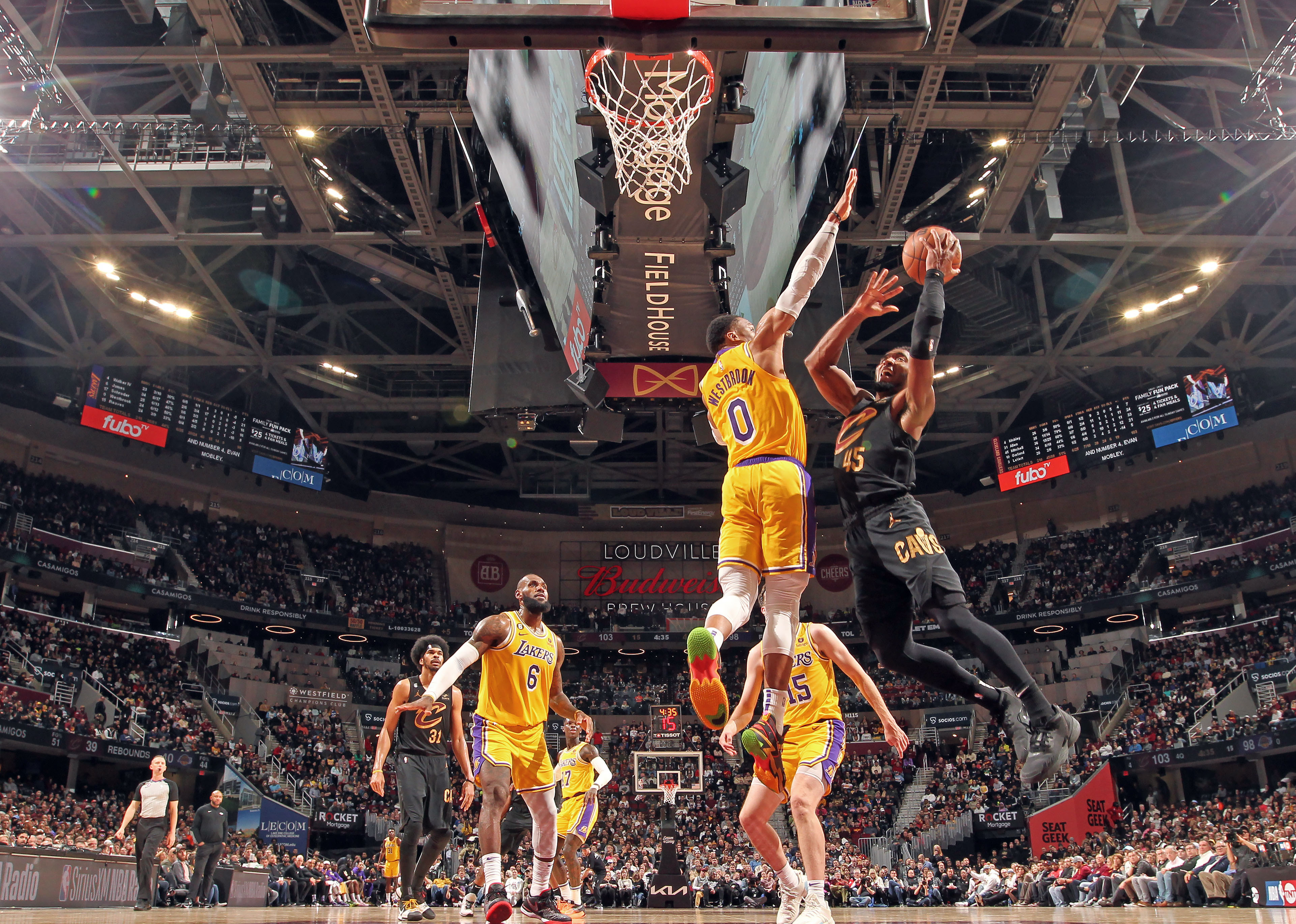 Cleveland, United States. 21st Mar, 2022. Los Angeles Lakers LeBron James  (6) reacts after a dunk against the Cleveland Cavaliers at Rocket Mortgage  FieldHouse in Cleveland, Ohio on Monday, March 21, 2022.