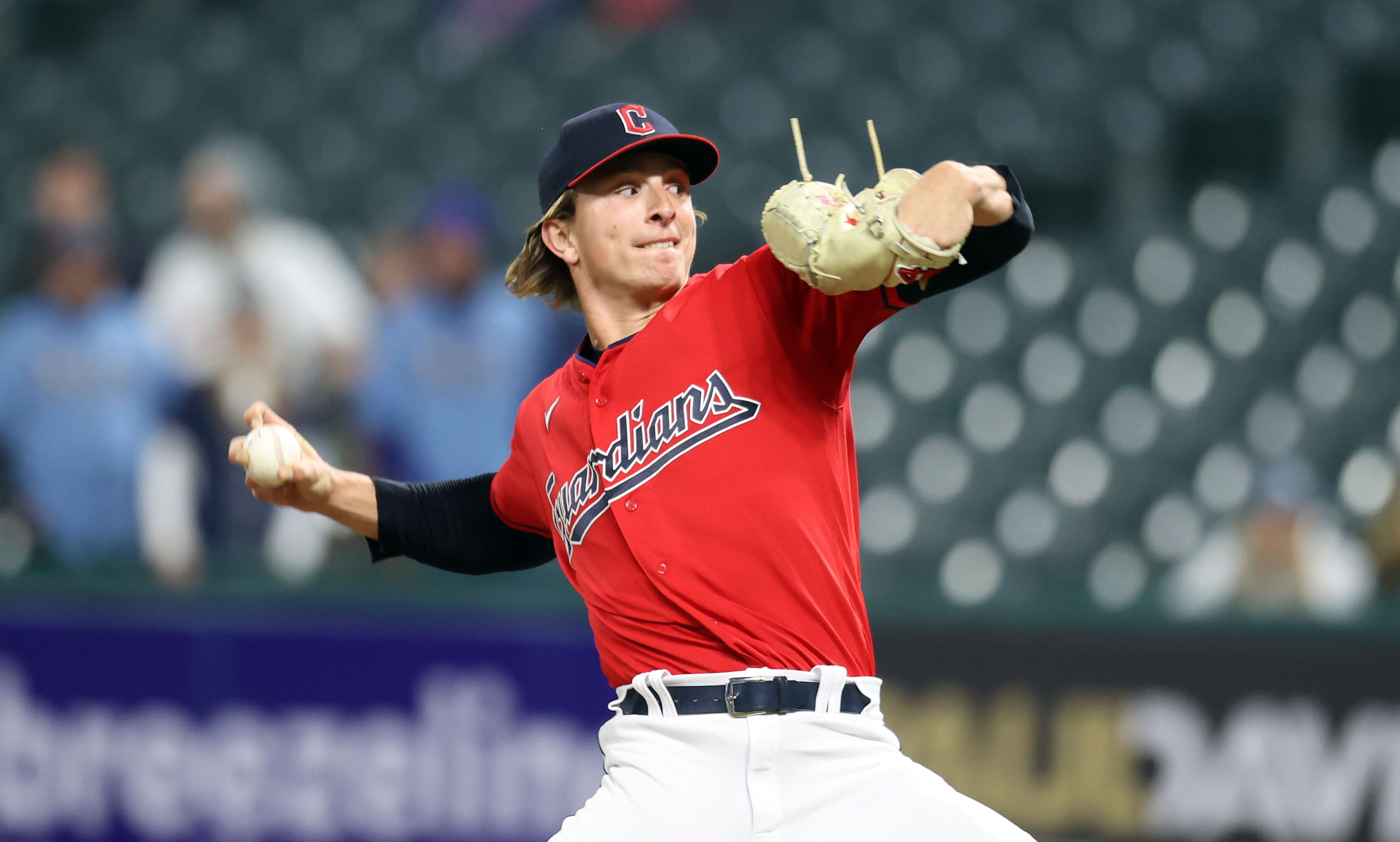 Cleveland Guardians relief pitcher James Karinchak celebrates