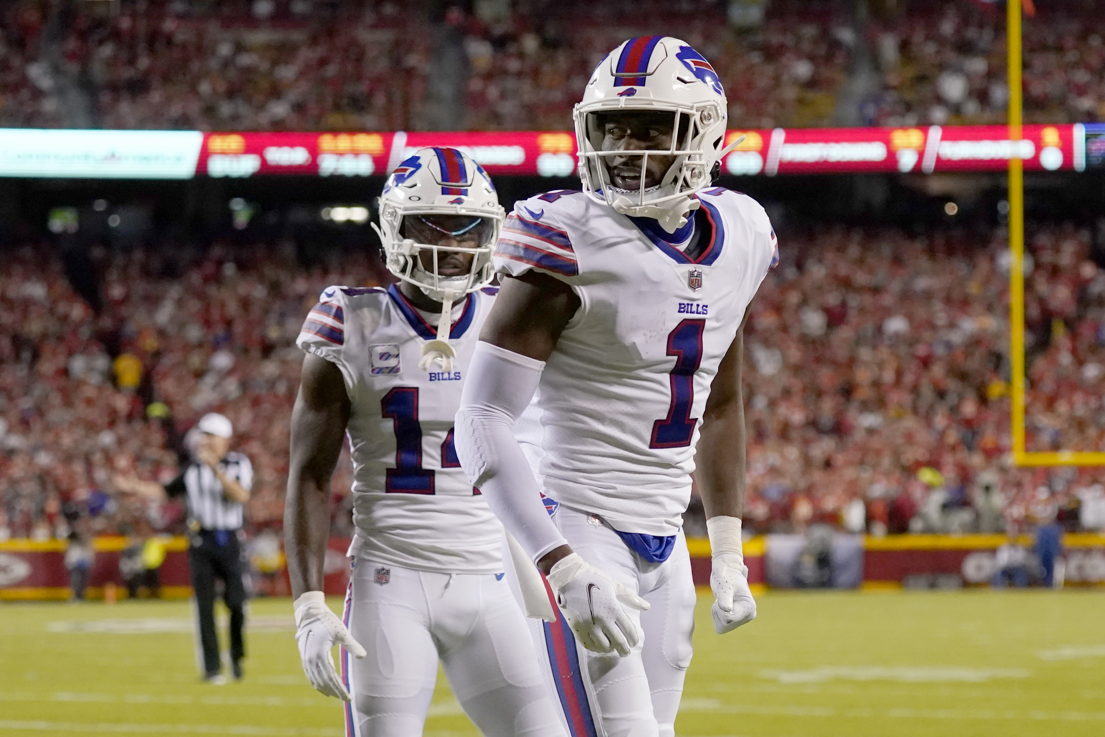 Buffalo Bills wide receiver Stefon Diggs runs a route against the Kansas  City Chiefs during the first quarter of an NFL football game, Sunday, Oct.  10, 2021 in Kansas City, Mo. (AP