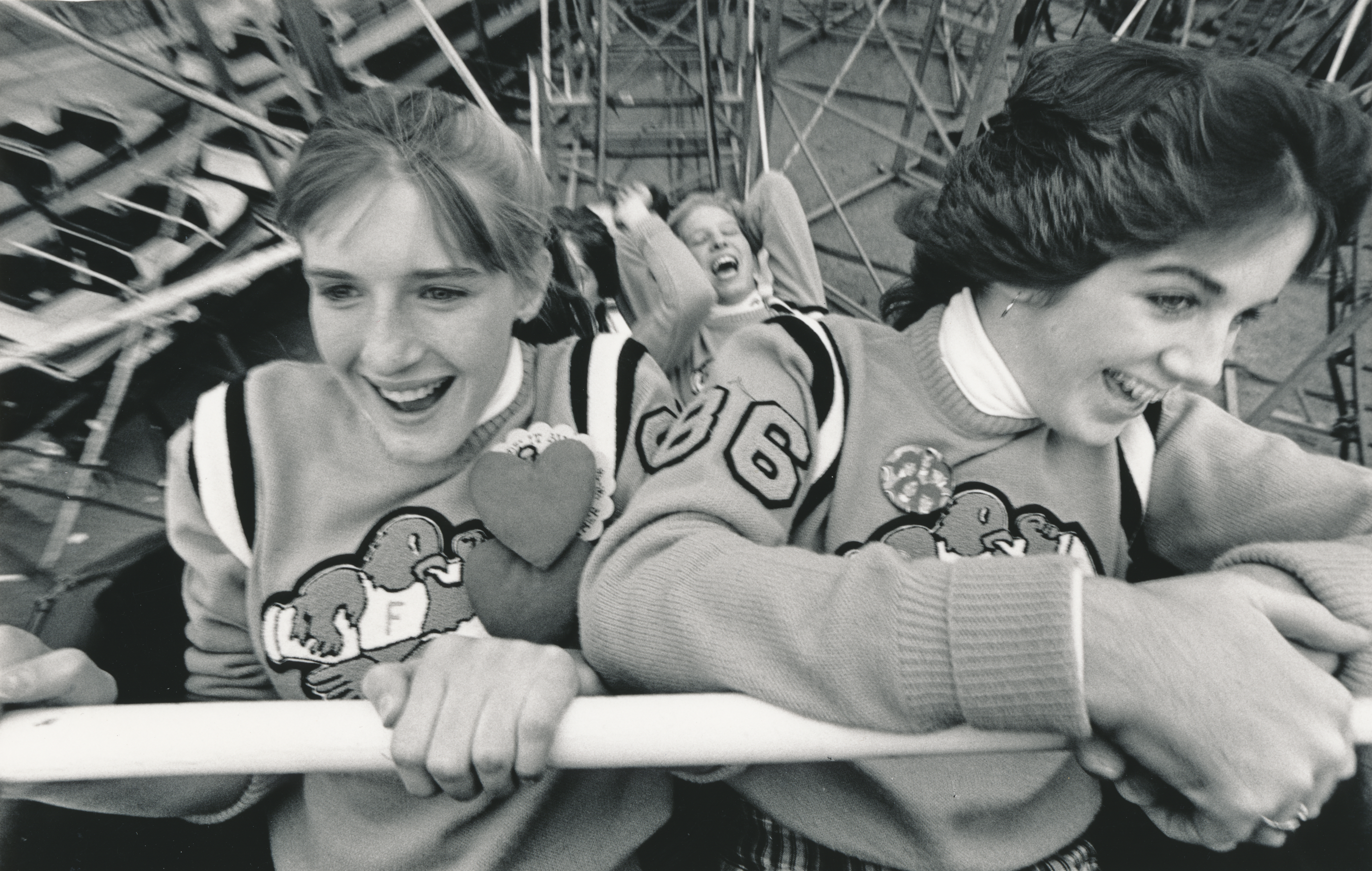 Cheerleaders on the roller coaster at Riverside Park in Agawam Massachusetts. 1980s. (Michael S. Gordon / The Republican)