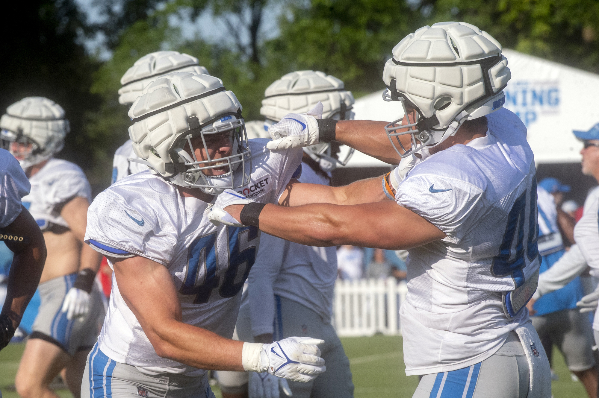 Detroit Lions running back Mohamed Ibrahim runs a drill during an