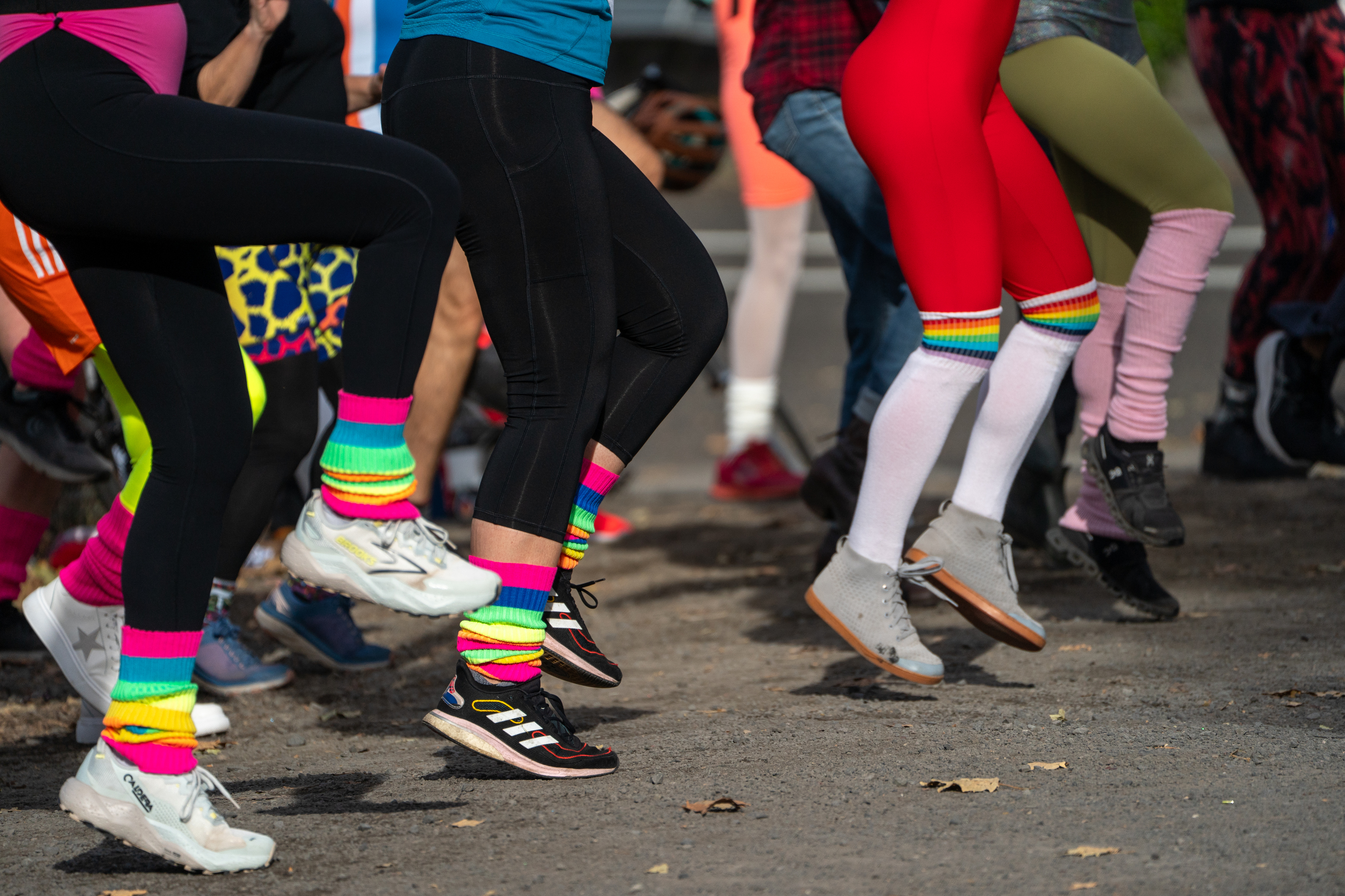 Participants in Fulcrum Fitness’s “Sweatin’ Out the Fascists” held an ’80s-aerobics peaceful protest outside the U.S. Immigration and Customs Enforcement (ICE) facility in South Portland on Sunday, Nov. 9, 2025, collecting donations for the Oregon Food Bank.
