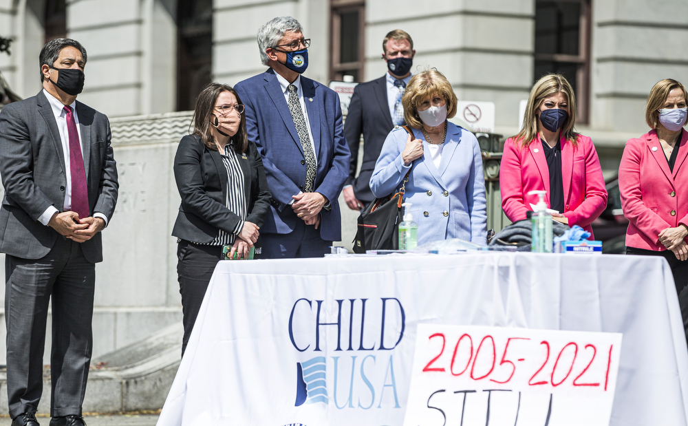 State lawmakers, including Senate Democratic Leader Jay Costa, at far left, attend the rally. Victims of child sex crimes gather at the steps of the Pennsylvania Capitol for a statute of limitations rally to draw attention to the need to reform the statute, April 19, 2021. Dan Gleiter | dgleiter@pennlive.com