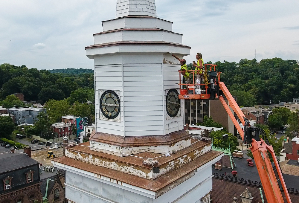Restoring First United Church of Christ's steeple begins
