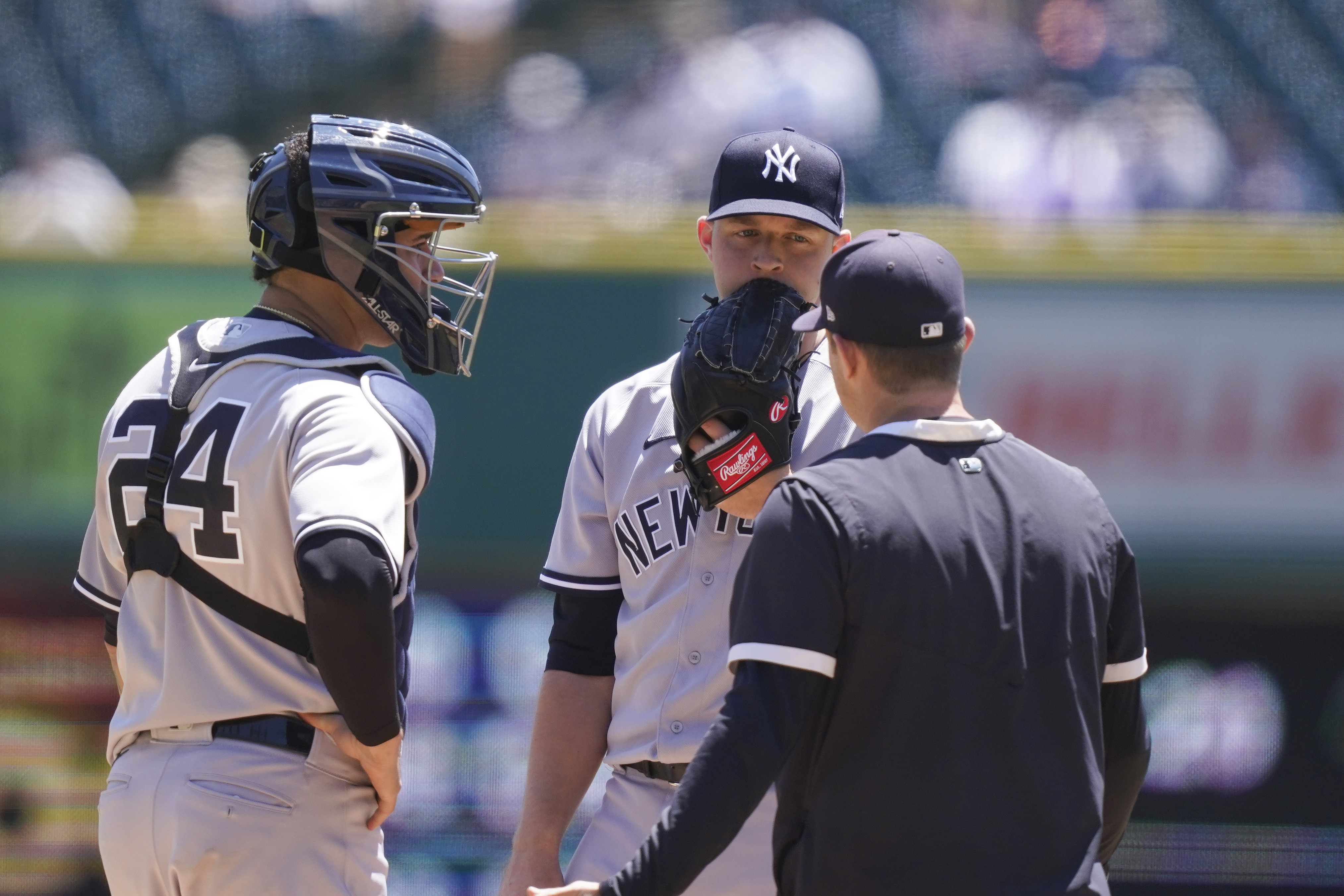 Yankees' Gleyber Torres reacts to being cut 