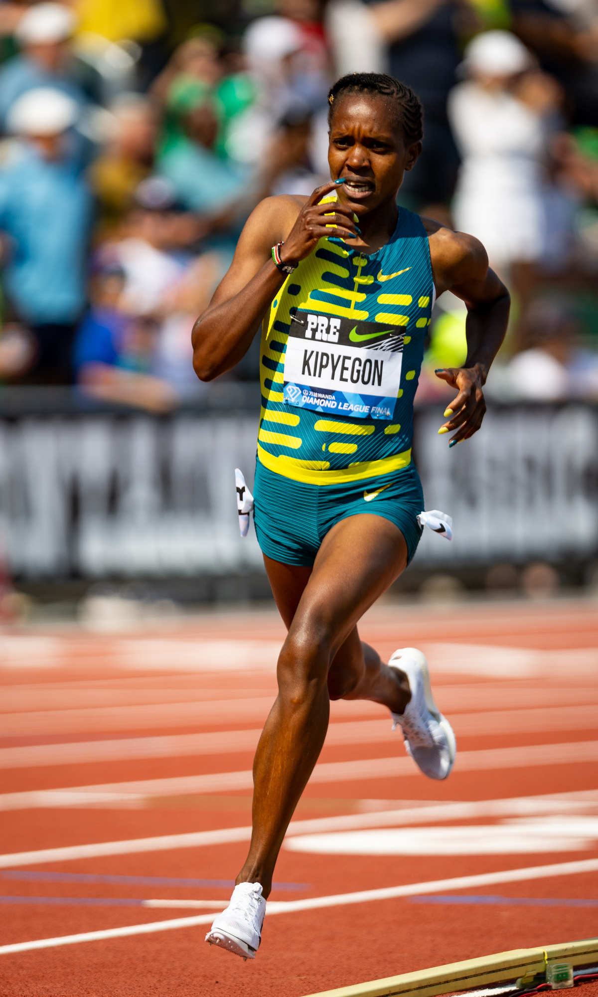 Faith Kipyegon of Kenya runs in the women’s 1,500 meters at the Prefontaine Classic track and field meet on Saturday, Sept. 16, 2023, at Hayward Field in Eugene. Kipyegon won the race.