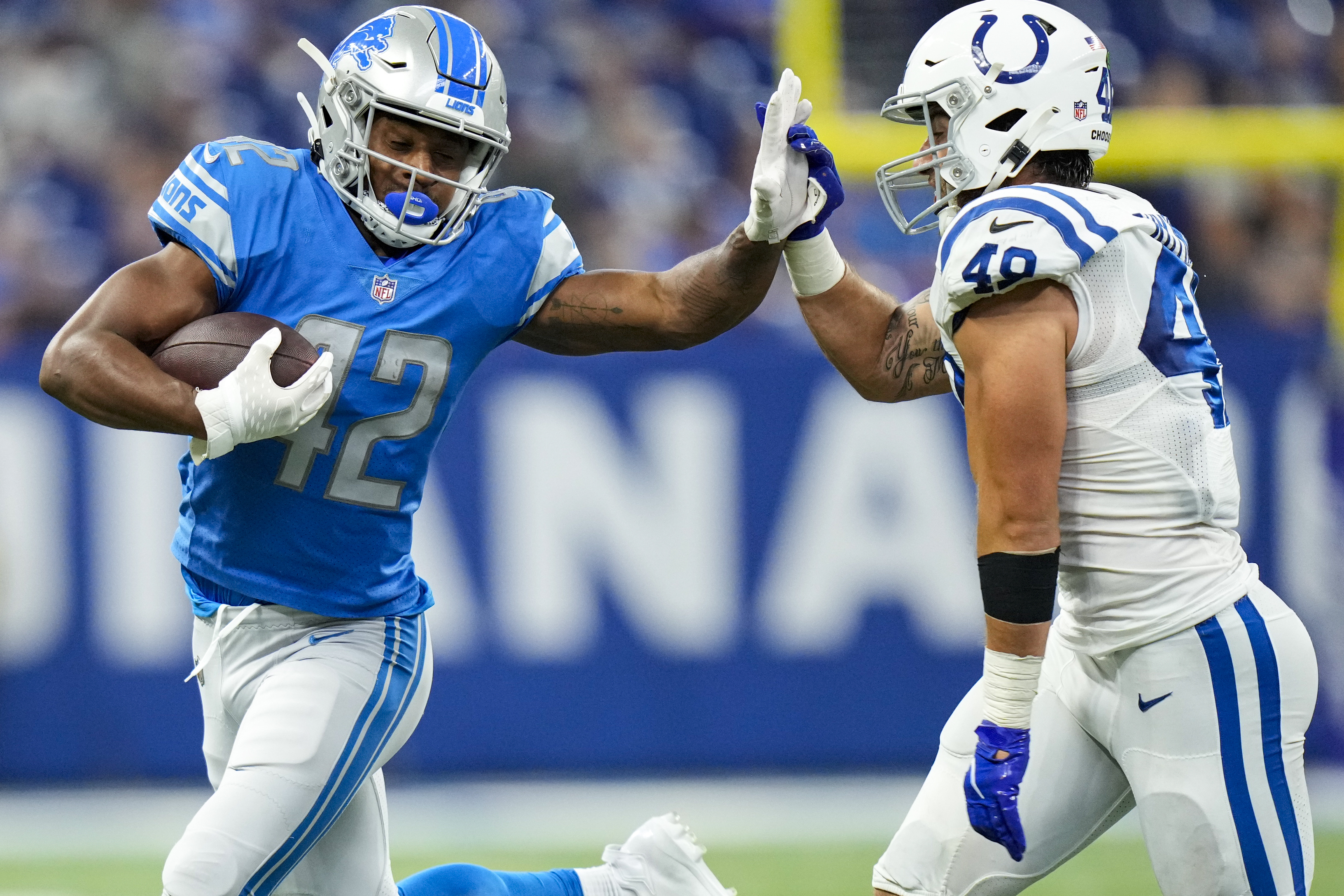 DETROIT, MI - NOVEMBER 24: Detroit Lions Running Back (42) Justin Jackson  receives the opening kickoff in the game between Buffalo Bills and Detroit  Lions on November 24, 2022 in Detroit, MI (