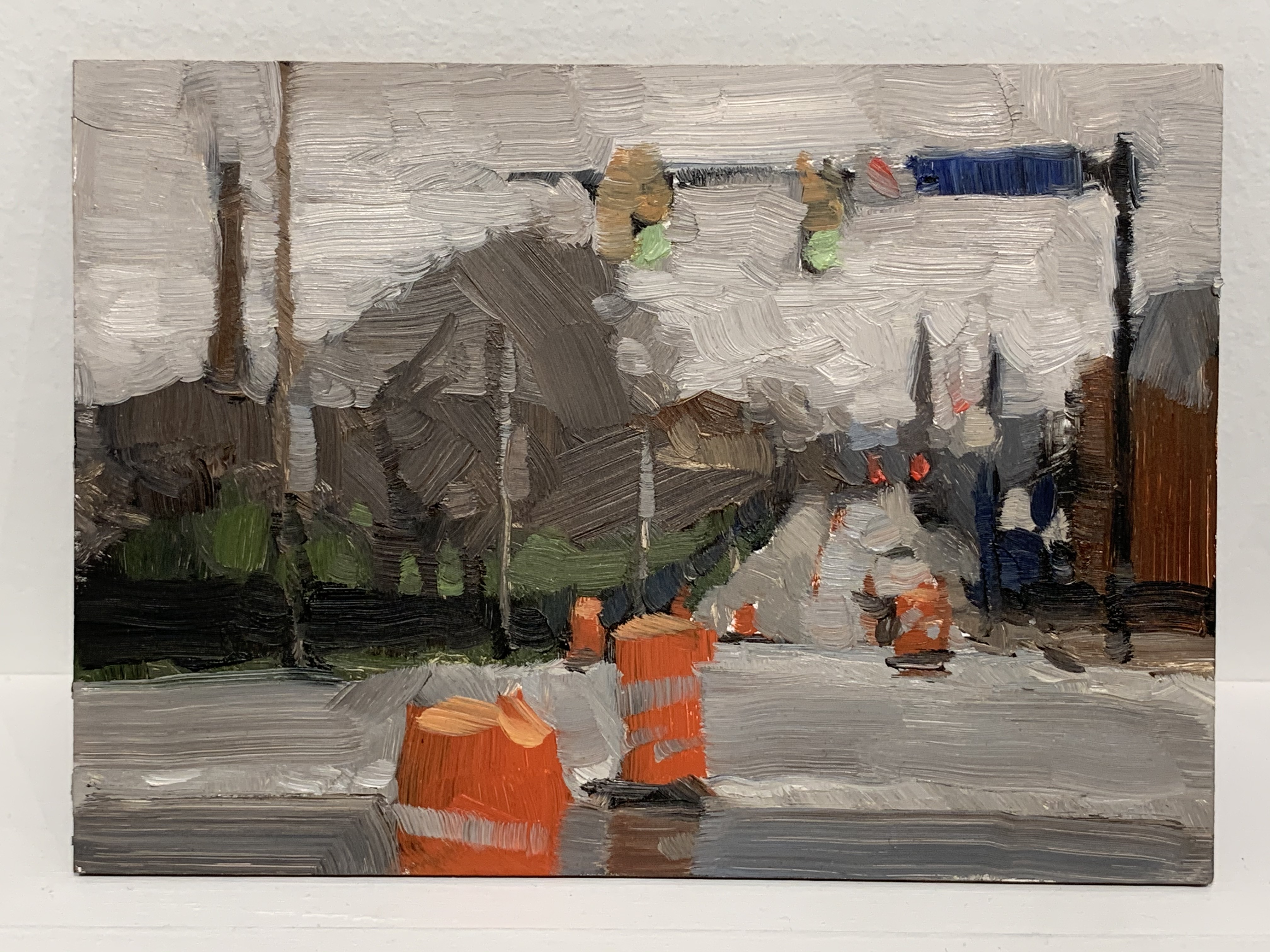 Adrian Eisenhower finds visual delight on orange barrels on a rainy day in Cleveland, in a work on view at Abattoir gallery.