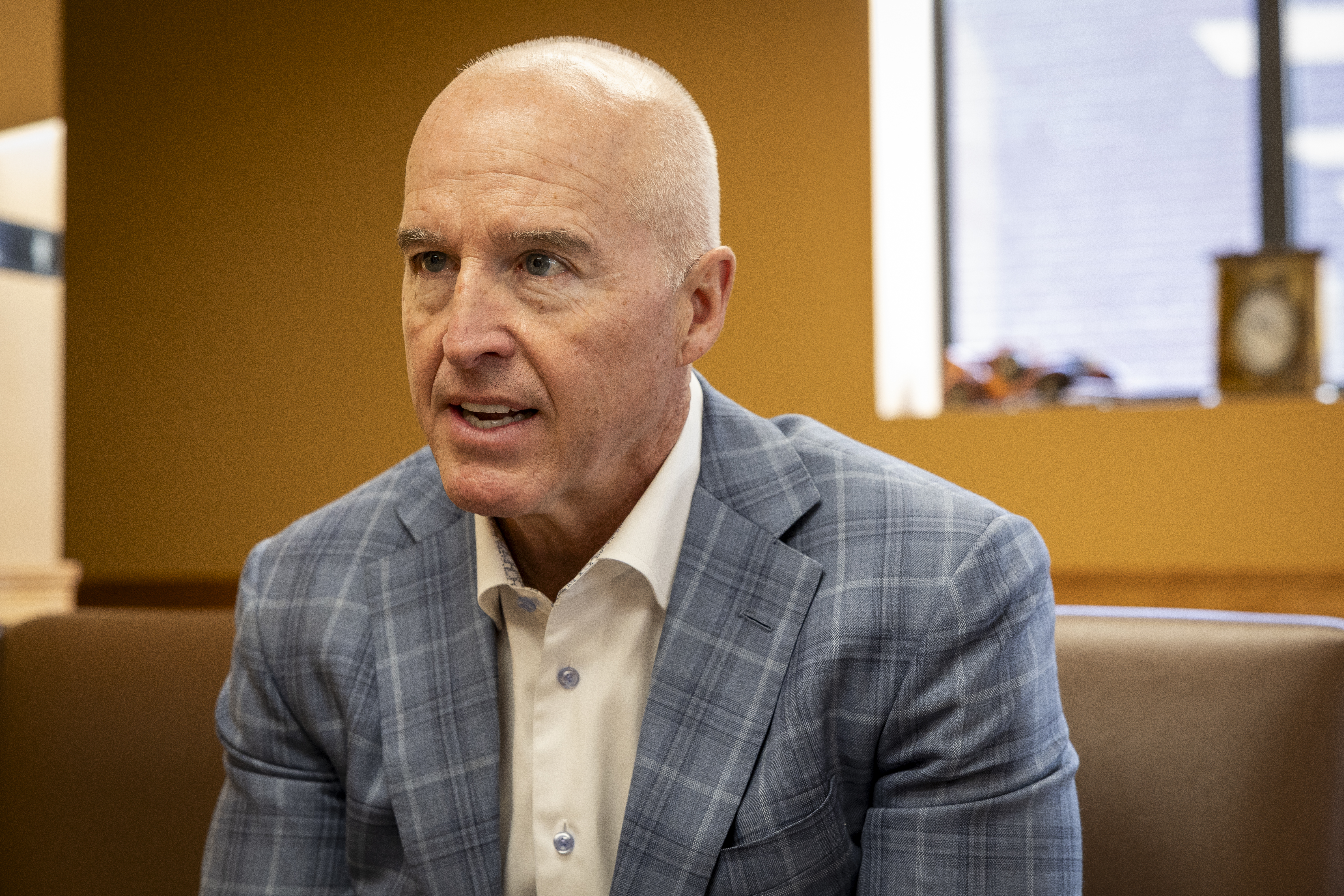 Republican gubernatorial candidate Mike Minogue visits Giovanni’s Italian Pastry & Coffee Shop in Agawam on Dec. 3, 2025. He is known for his background as a combat veteran and former CEO of the medical technology company Abiomed Inc.