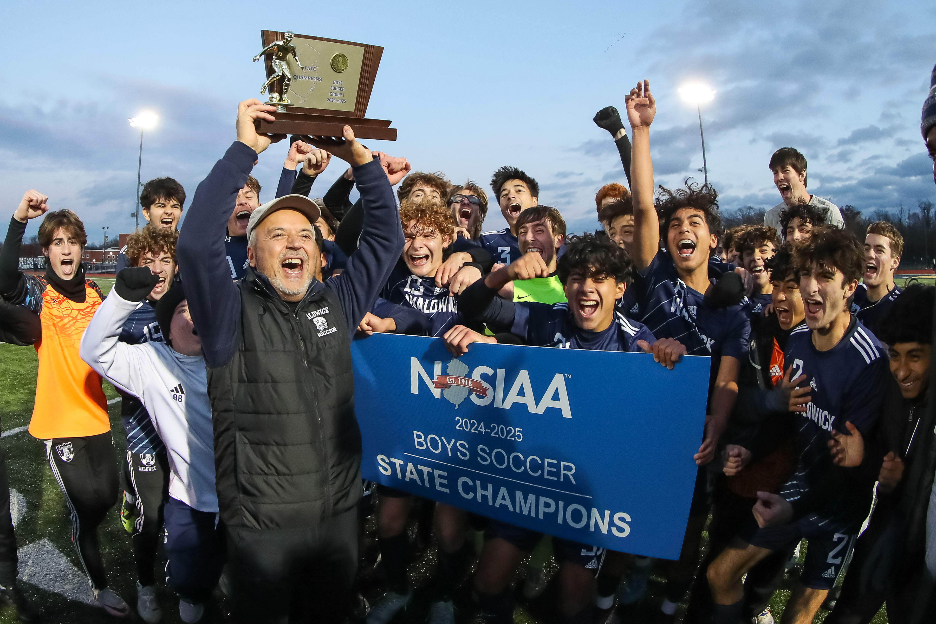 Waldwick celebrates after defeating Haddon Township1-0 in the boys soccer NJSIAA Group 1 Final at Franklin High school in Somerset, NJ on Sunday, November 24, 2024.