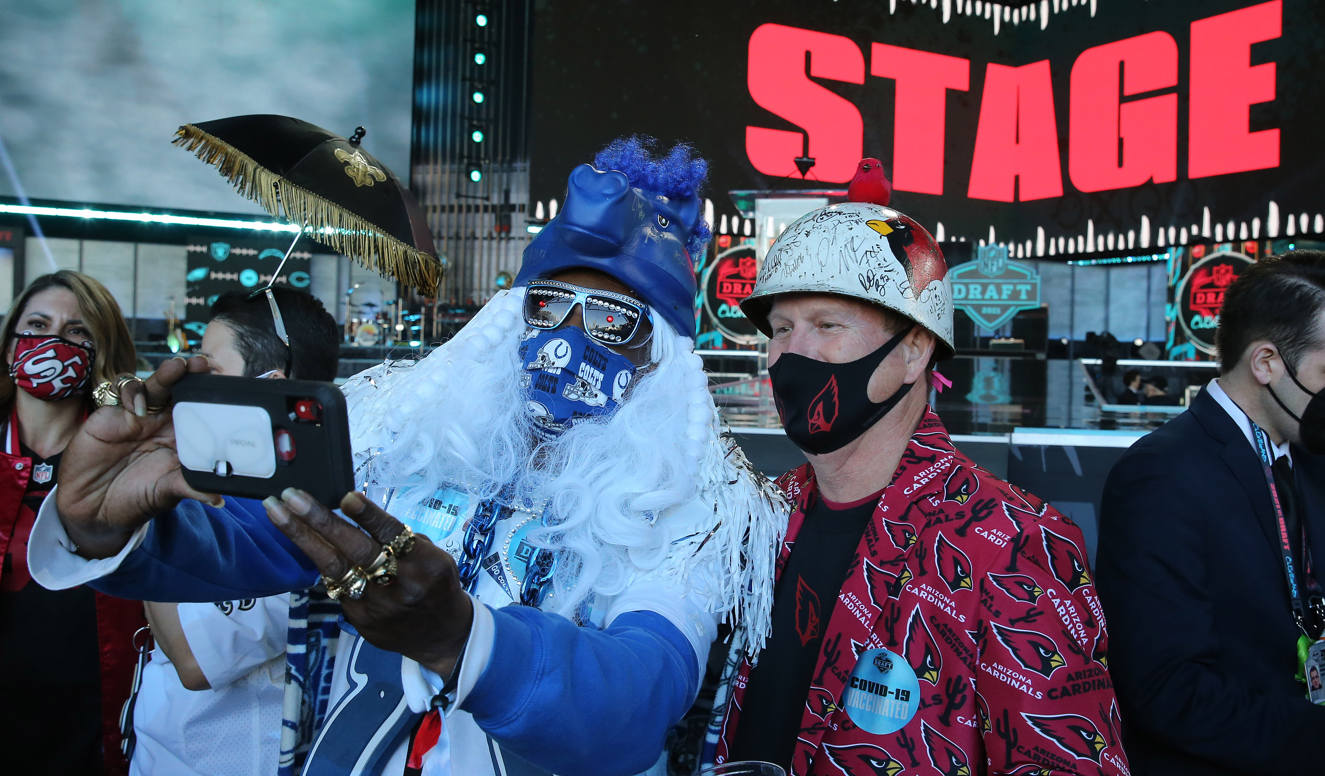 NFL jerseys and team costumes seen in downtown Cleveland during