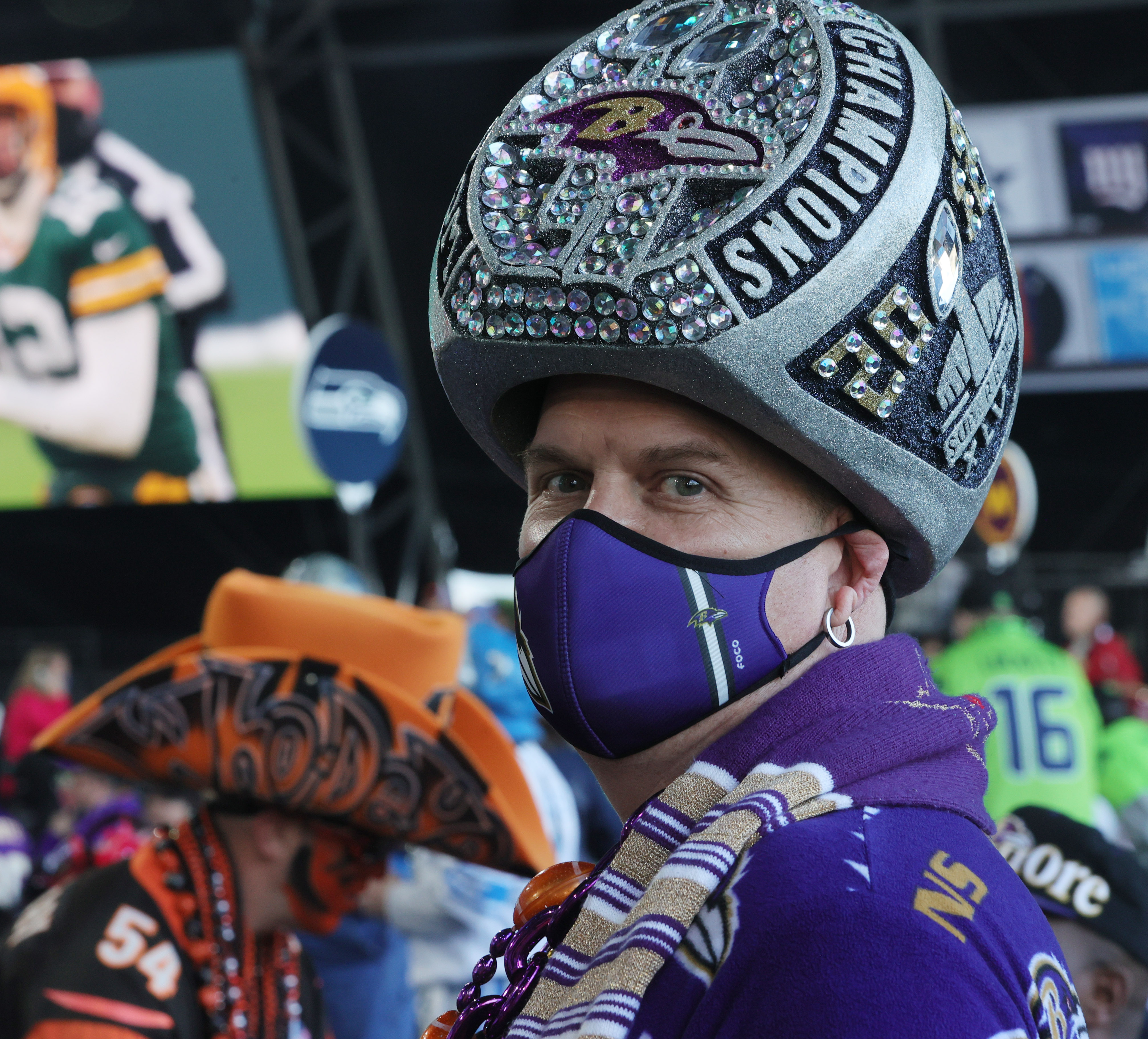 NFL jerseys and team costumes seen in downtown Cleveland during