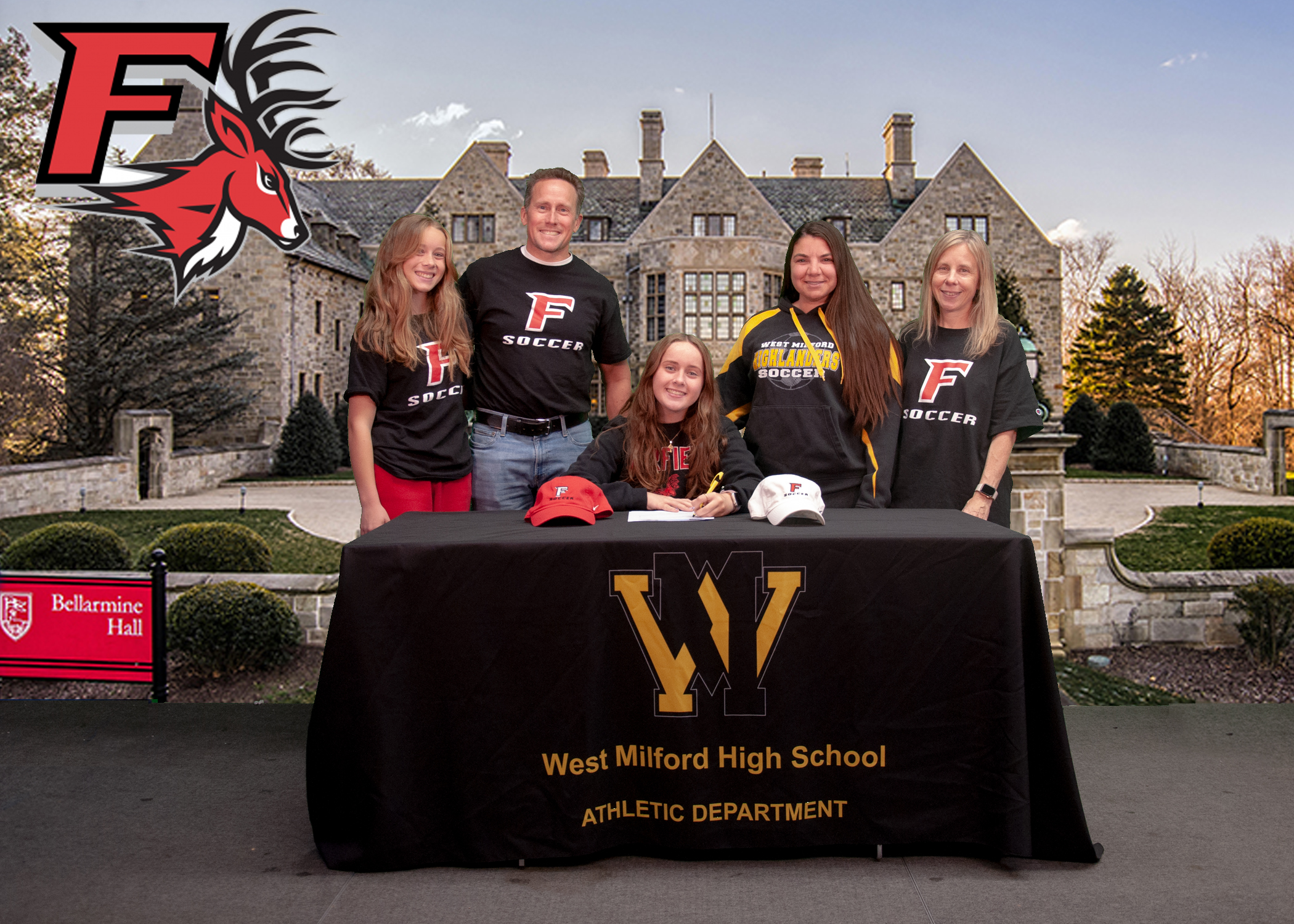 West Milford's Cassidy Clinton (seated) signs her NLI with Fairfield University women's soccer. Left to right she is joined by her sister Ciara Clinton, father Tim Clinton, coach Daniela Wagenti, and mother Catherine Clinton