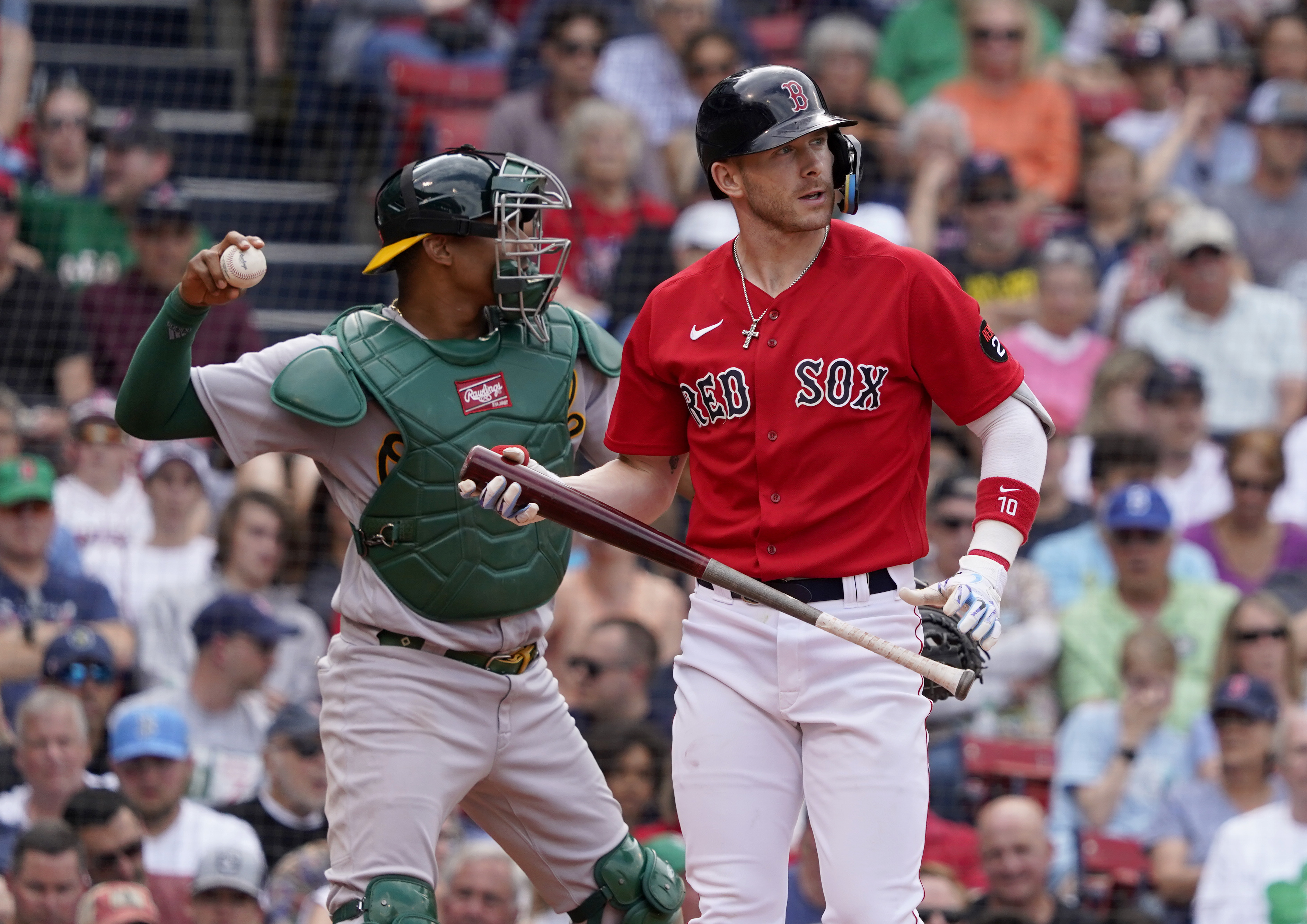 Cristian Pache of the Oakland Athletics catches a fly ball off the