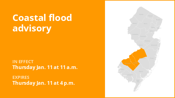 A coastal flood warning has been issued for three New Jersey counties through early Thursday evening