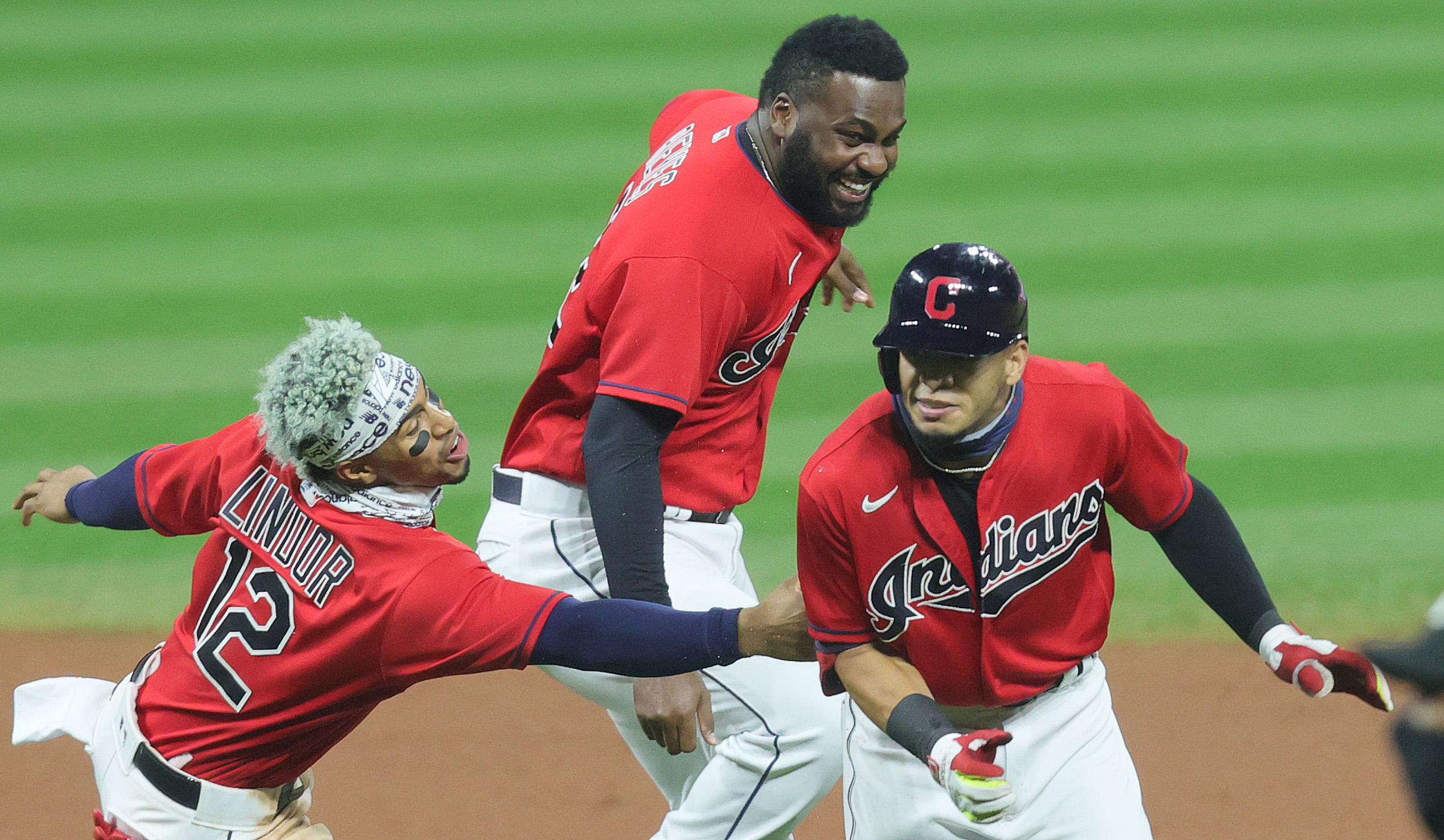 Cleveland Indians Francisco Lindor celebrates with Erik Gonzalez