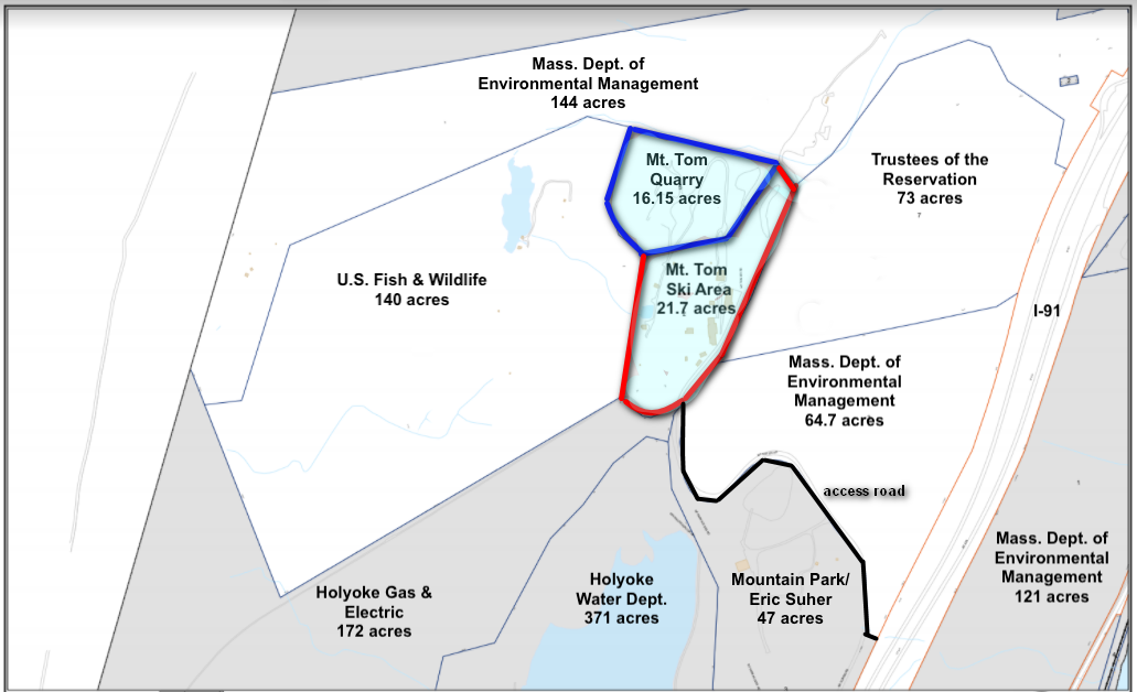 A Holyoke assessors map of Mt. Tom and the owners of which parcels. The state DCR is trying to gain title to the quarry, shown in blue. The owners of the quarry in December purchased the former ski area, shown in read. Both properties are surrounded by land owned by state, federal and non-profit agencies.