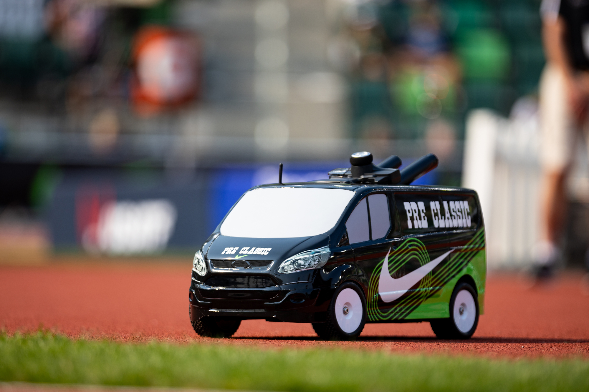 A remote-controlled van, used to pick up javelins, sits on the infield during the Prefontaine Classic track and field meet on Saturday, Sept. 16, 2023, at Hayward Field in Eugene.