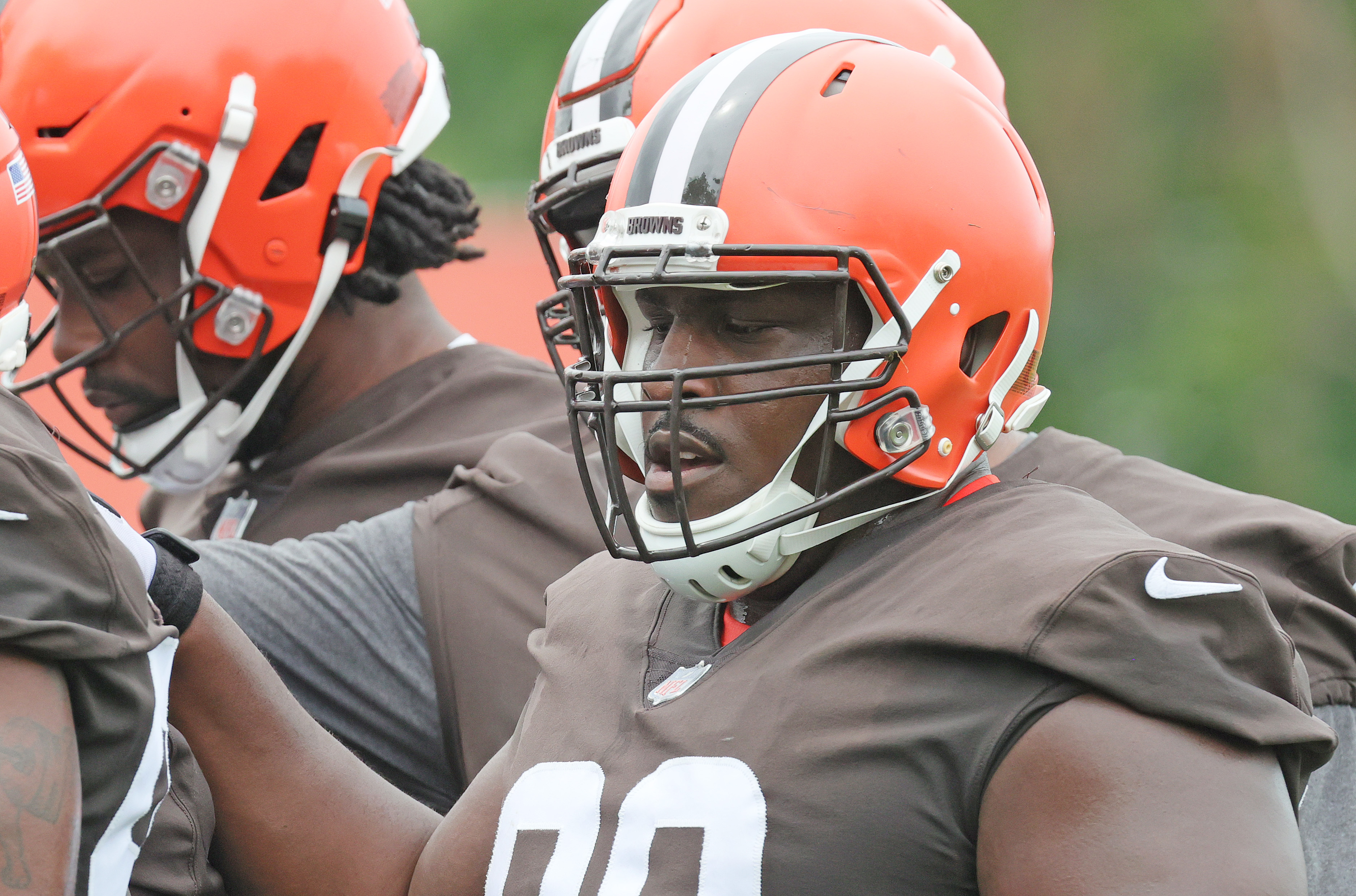 Cleveland Browns defensive tackle Andrew Billings warms up before an NFL  football game against the New York Giants, Sunday, Aug. 22, 2021, in  Cleveland. The Browns won 17-13. (AP Photo/David Dermer Stock